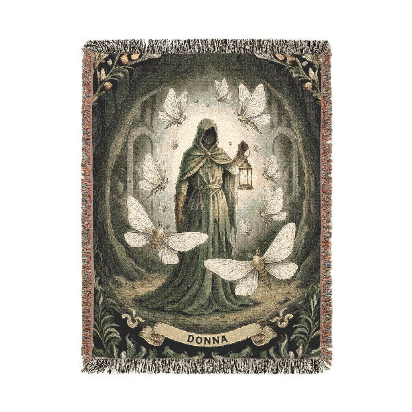 Personalized Gothic Woven Blanket, Custom Name Dark Fantasy Tapestry, Moth and Lantern Jacquard Throw, Dark Academia Goblincore Home Decor