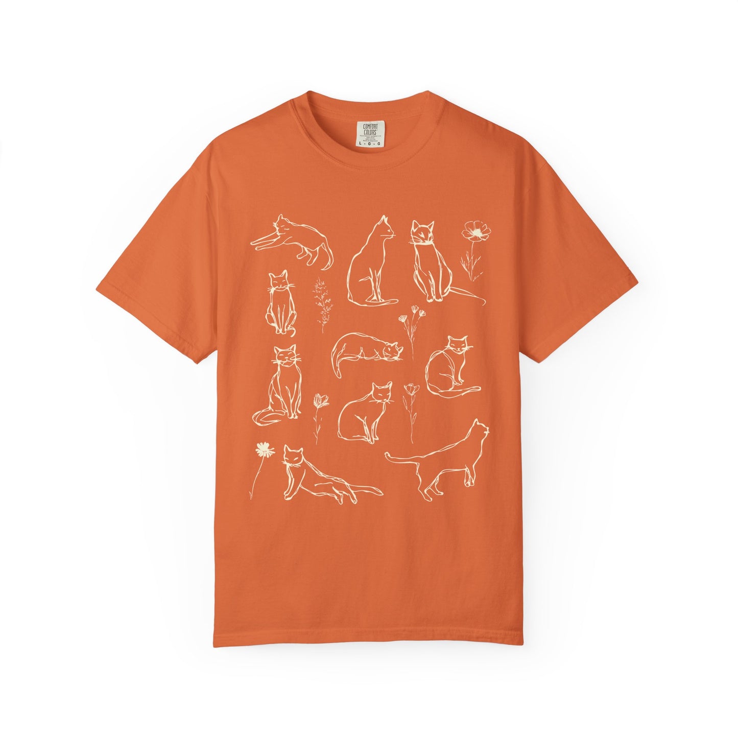 Comfort Colors Cat Poses Line Art T-shirt, Vintage Style Sketch Drawing Cat Shirt, Cat Lover Gift, Floral Cat Tee, Feline Flair Top
