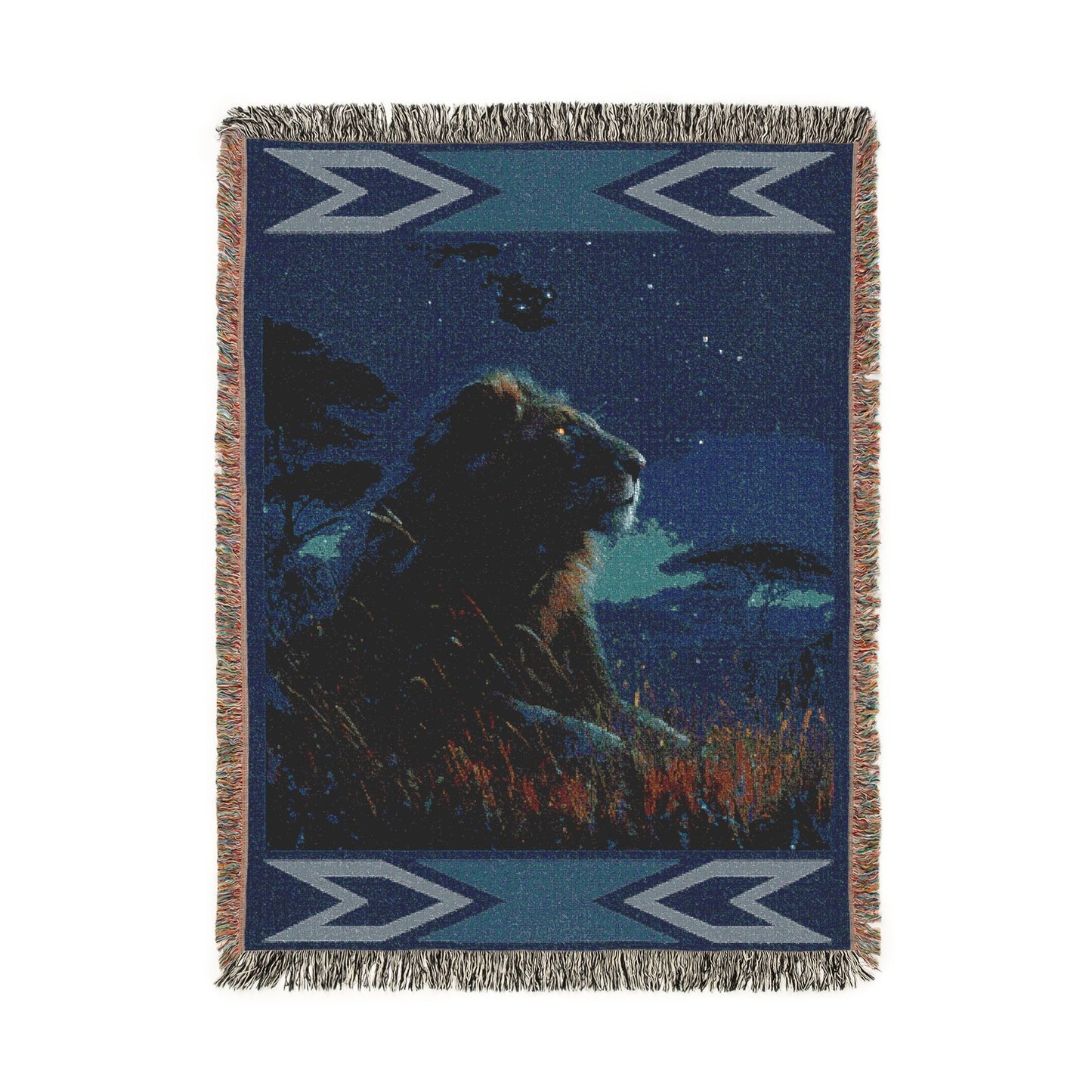 Celestial Safari Lion Woven Blanket, Moonlight Tapestry, Wildlife Lover Gift, Fringed Sofa Bed Wall Art, Africa Safari Night Blanket Throw
