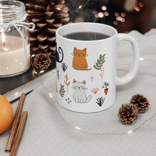 Cat Mug, Cute Cat Coffee Mug, Cat Painting Tea Cup, Kitten Mug, Cat Pattern Mug, Plants and Cats Mug, Plants Mug, Cat Lover Gift