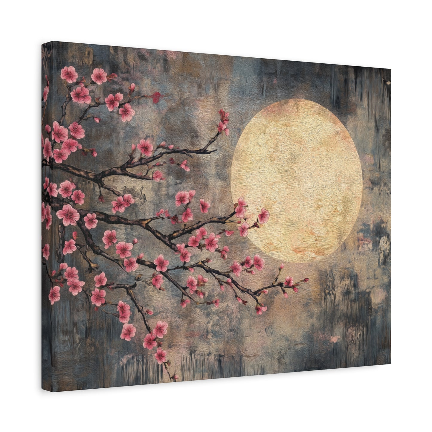 Cherry Blossom Branch Celestial Full Moon Canvas Print, Sakura Flower Wall Art Decor, Japanese Tree Canvas Art, Rustic Home Office Decor