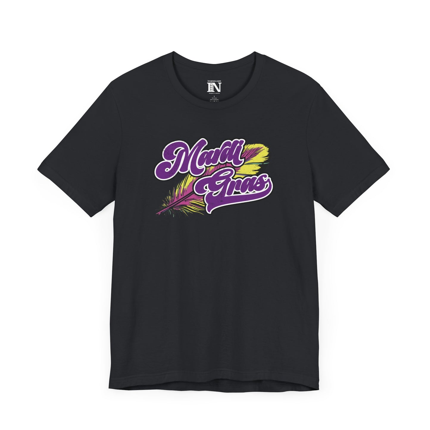 Mardi Gras Jersey Tee, Festival Distressed Shirt, Unisex Party Top, Purple Gold Feathers, Vintage Style Celebration Tshirt, Fun Casual Vibes