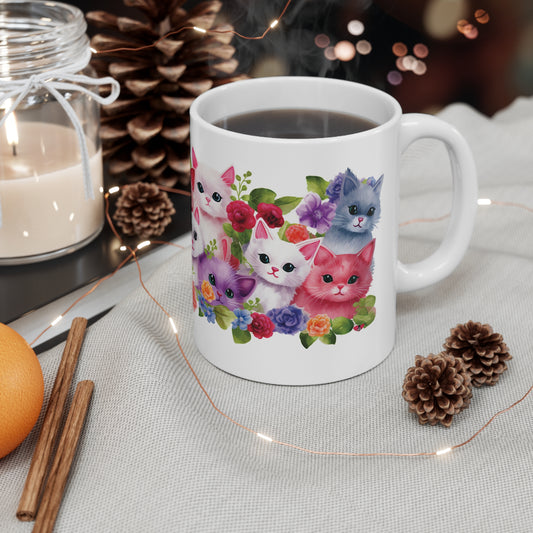 Cat Mug, Cute Cat Coffee Mug, Cat Painting Tea Cup, Kitten Mug, Cat Pattern Mug, Flower and Cat Mug, Flower Mug, Cat Lover Gift