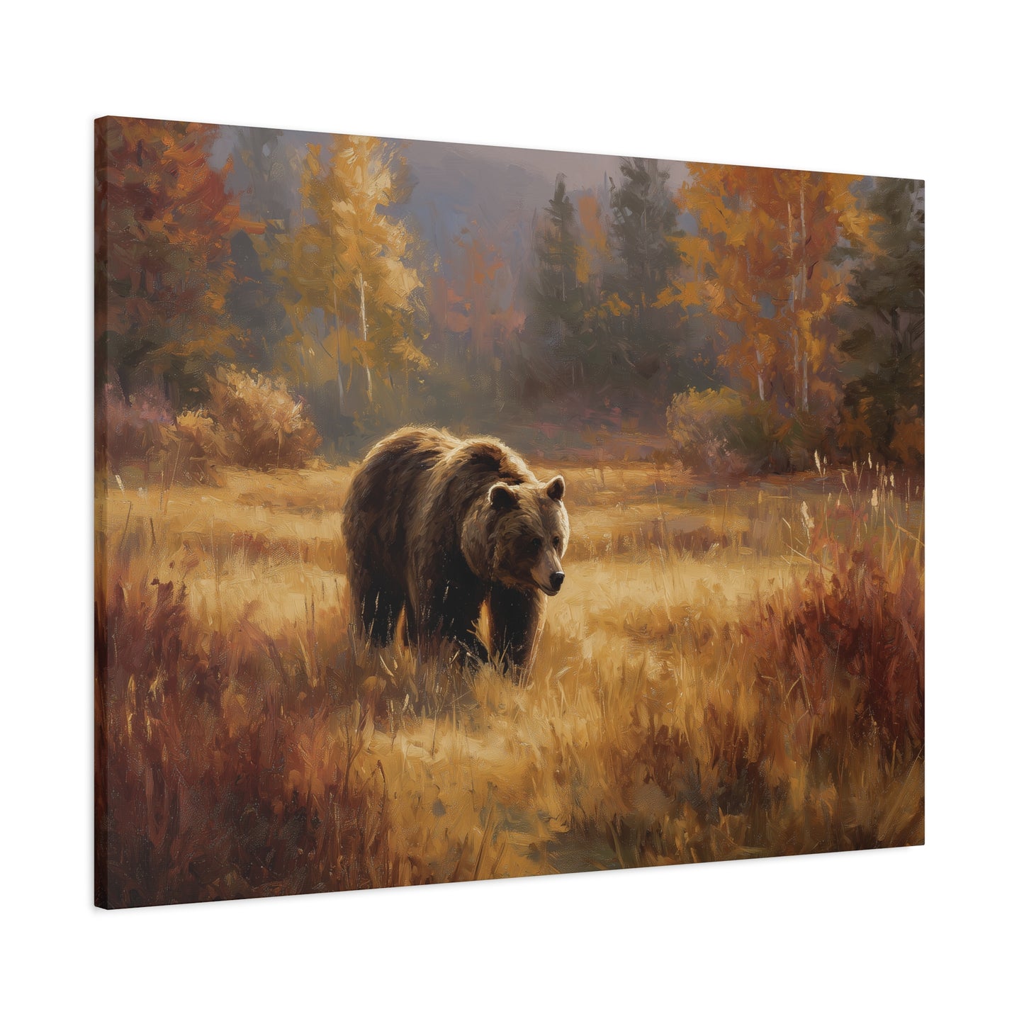 Painting of a bear in a forest with autumn colors