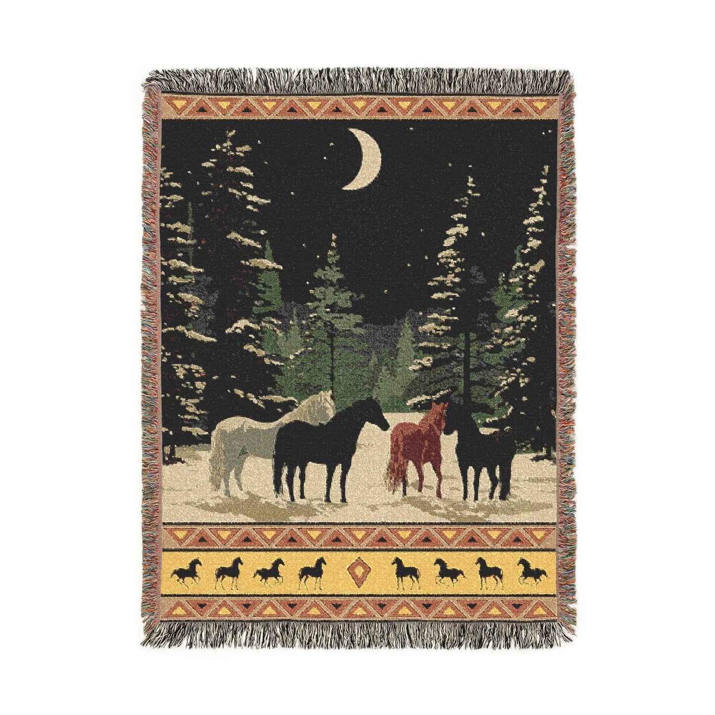 Southwestern Horse Woven Blanket, Winter Scene Tapestry, Rustic Cabin Decor Jacquard Throw, Western Equestrian Snowy Moonlit Forest Art