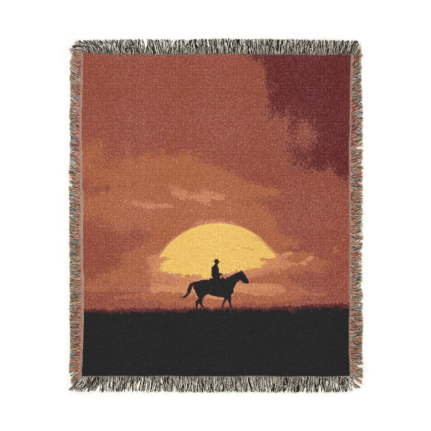 Cowboy Sunset Woven Blanket Tapestry, Western Style Home Decor, Horse Lover, Nature Inspired Wall Art, Rustic Bedding, Fringed Couch Throw