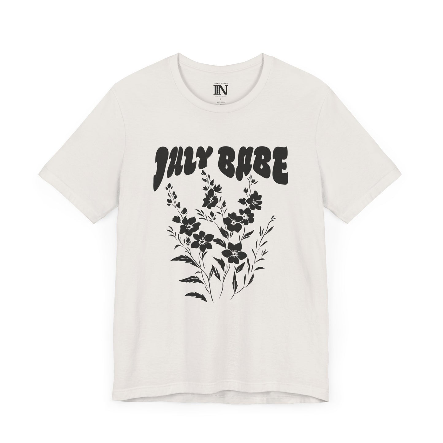 July Babe T-shirt, Larkspur Floral July Birthday Tee, Retro Style July Born Gift, Floral Minimalist Tee, Floral July Shirt, Gift for her