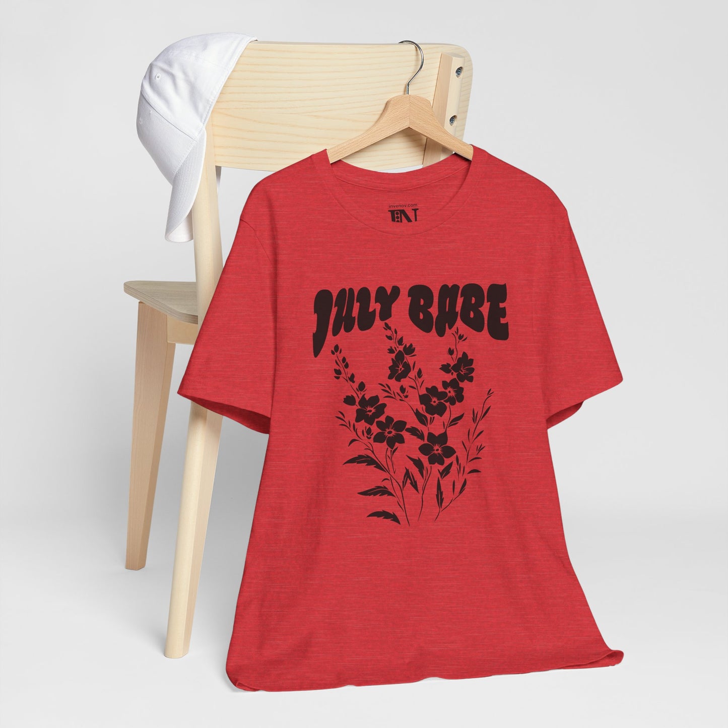 July Babe T-shirt, Larkspur Floral July Birthday Tee, Retro Style July Born Gift, Floral Minimalist Tee, Floral July Shirt, Gift for her