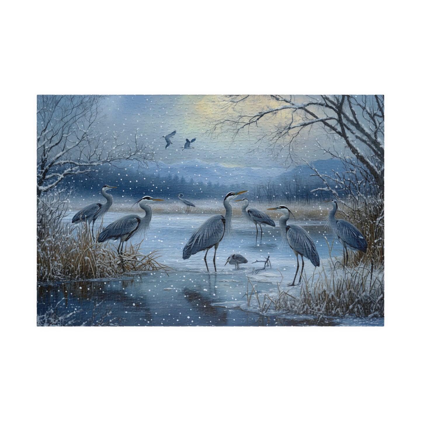 Majestic Blue Herons Winter Scene Jigsaw Puzzle, Beautiful Cranes Puzzle, Nature Lovers Gift, Family Game Fun Activity, Home Decoration