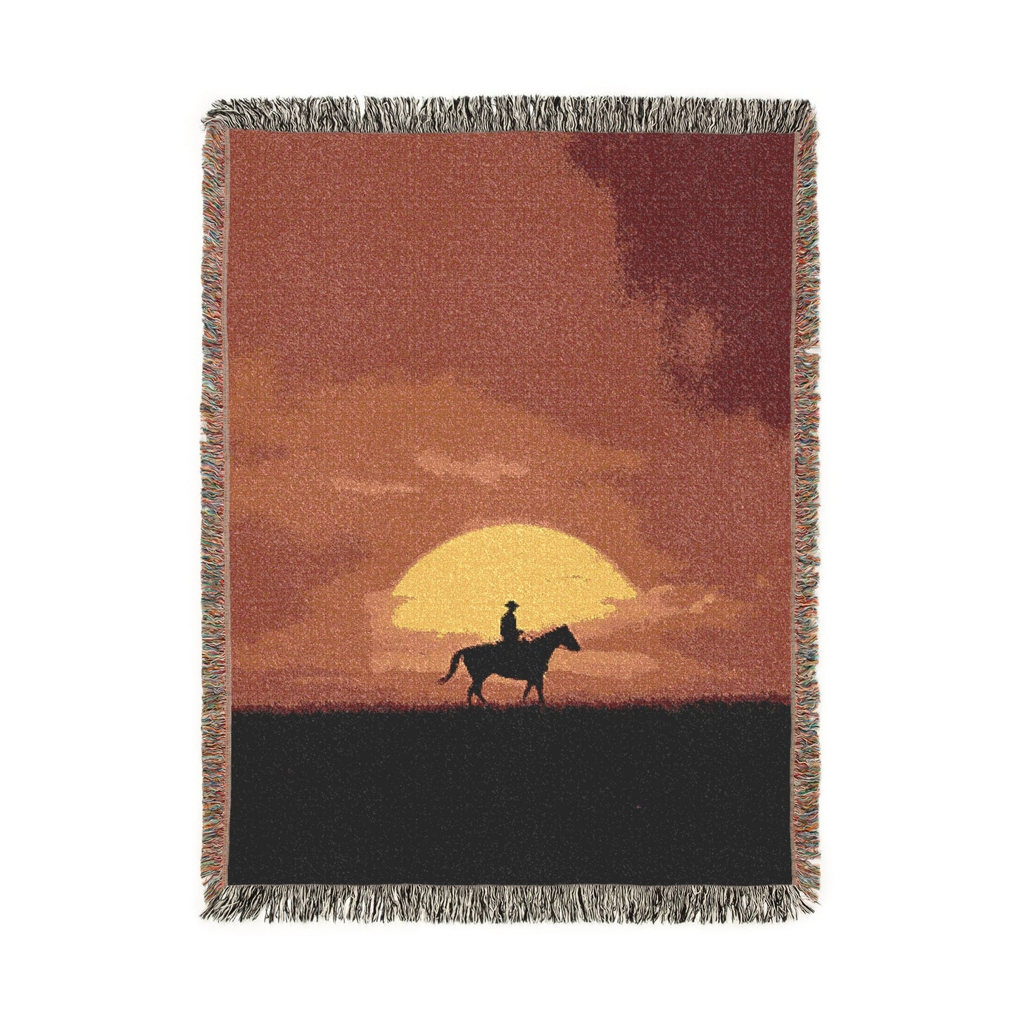 Cowboy Sunset Woven Blanket Tapestry, Western Style Home Decor, Horse Lover, Nature Inspired Wall Art, Rustic Bedding, Fringed Couch Throw