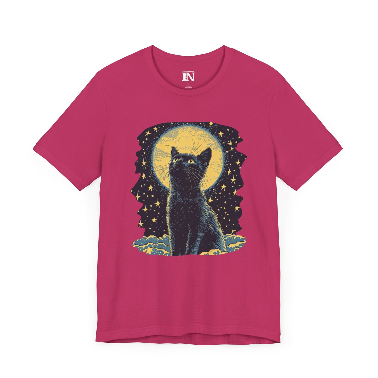 Mystical Cat Graphic T-Shirt, Night Sky Tee, Celestial Moon Cat Shirt, Ethereal Feline Top, Magical Cat Apparel, Cat Lover Shirt