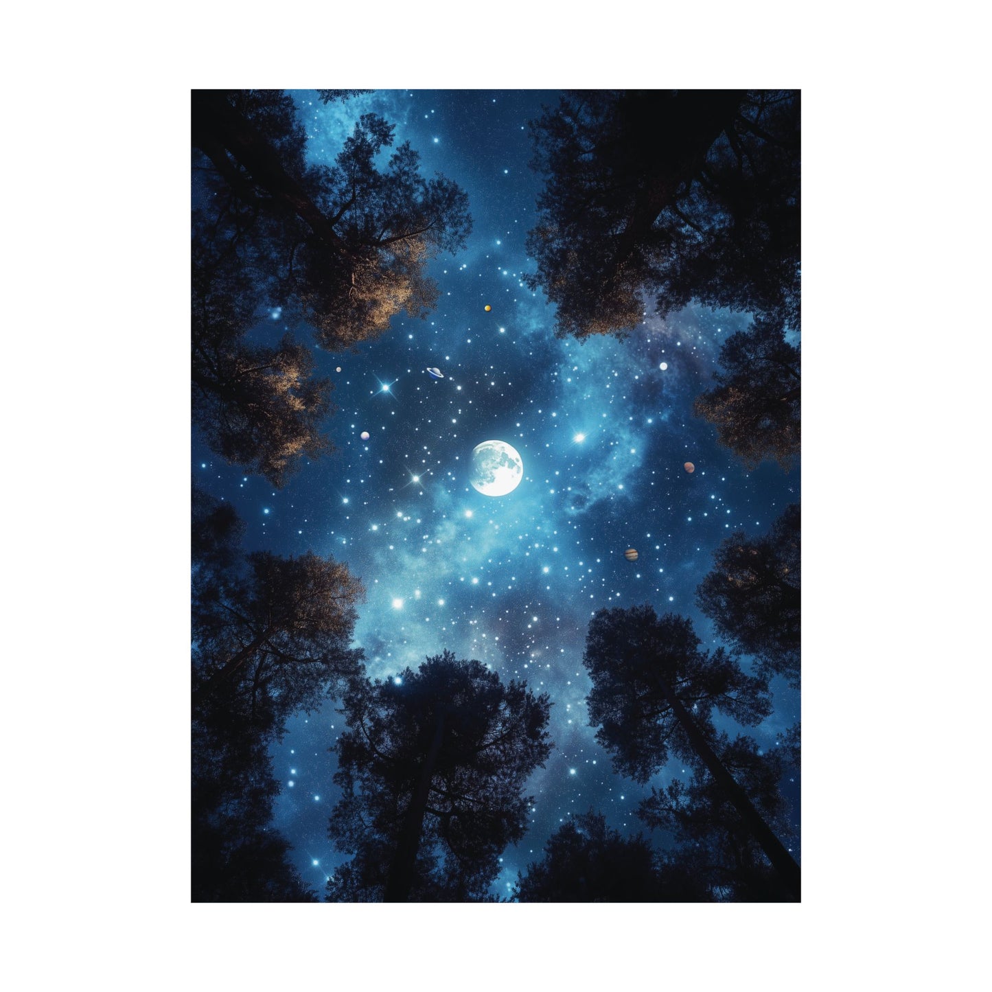 Celestial Forest Poster, Starry Night Sky Canvas Wall Art, Galaxy Moon Print, Solar System Decor, Cabin Wall Art, Nature Lover Gift