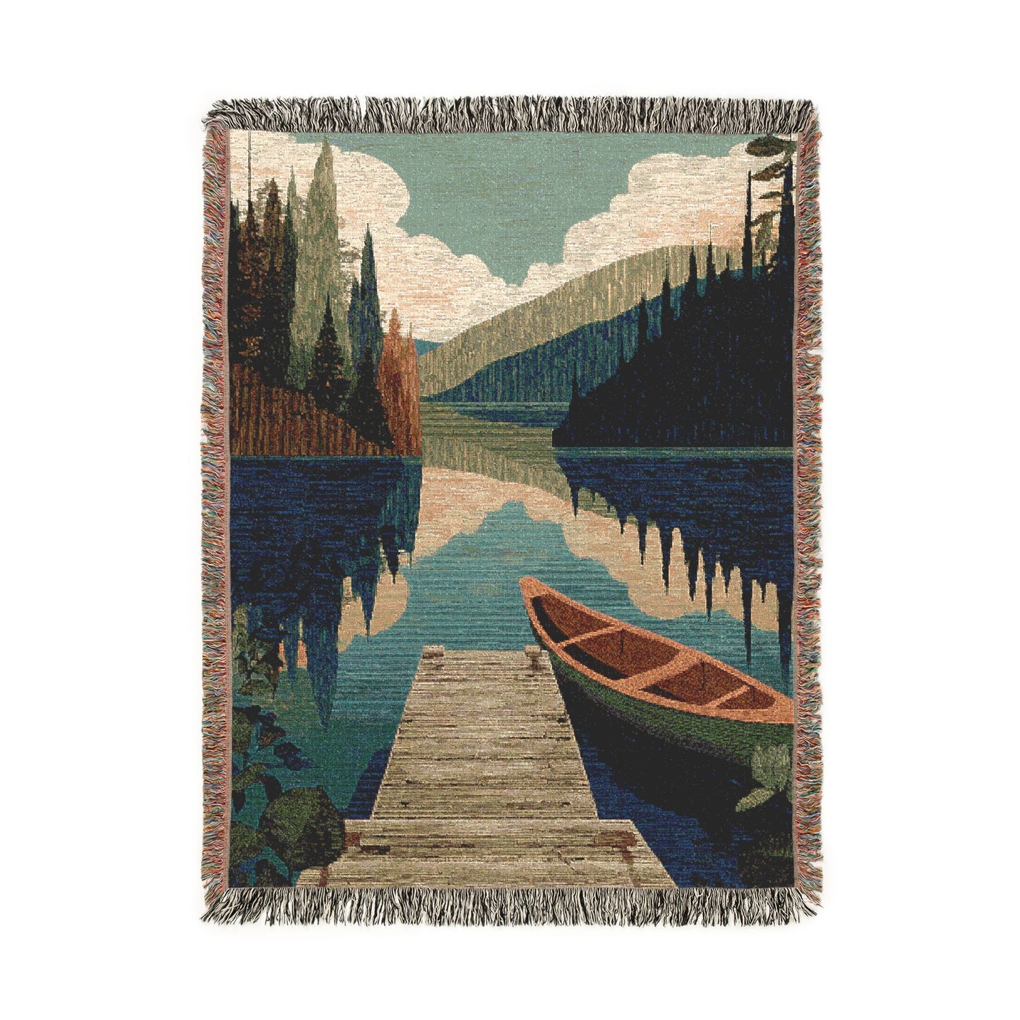 Lake Scene Woven Blanket, Mountain Tapestry Wall Hanging, Rustic Cabin Jacquard Decor Throw, Vintage Canoe Art, Nature Lover Gift