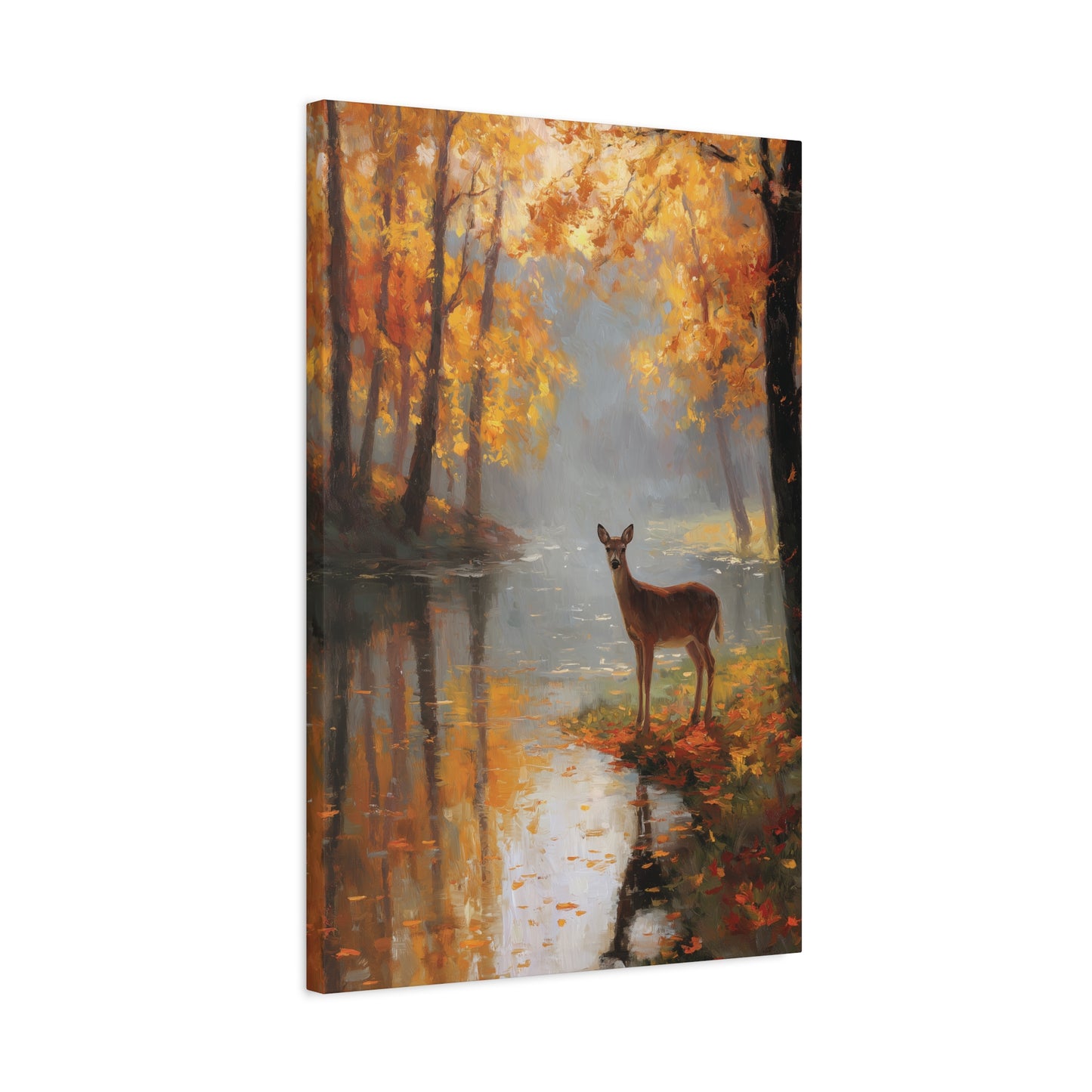 Autumn Deer Riverbank Canvas Art Painting, Autumn Fall Foliage Landscape, Wildlife Home Decor, Rustic Interior Wall Hanging