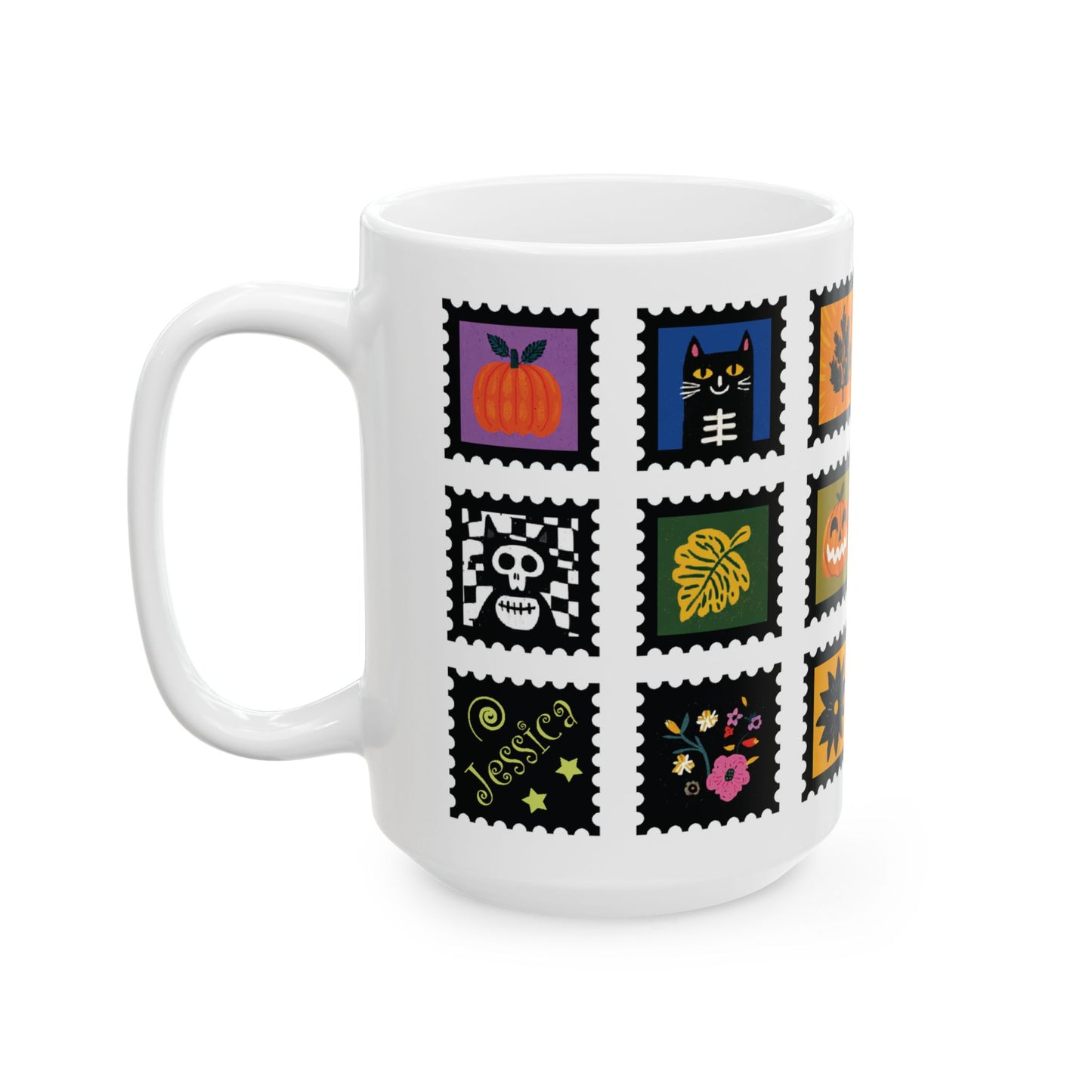 Custom Halloween Ceramic Mug, Fall Season Personalized Gift, Cute Stamp Halloween Home Decor, Autumn Coffee Tea Cup, 11 oz or 15 oz