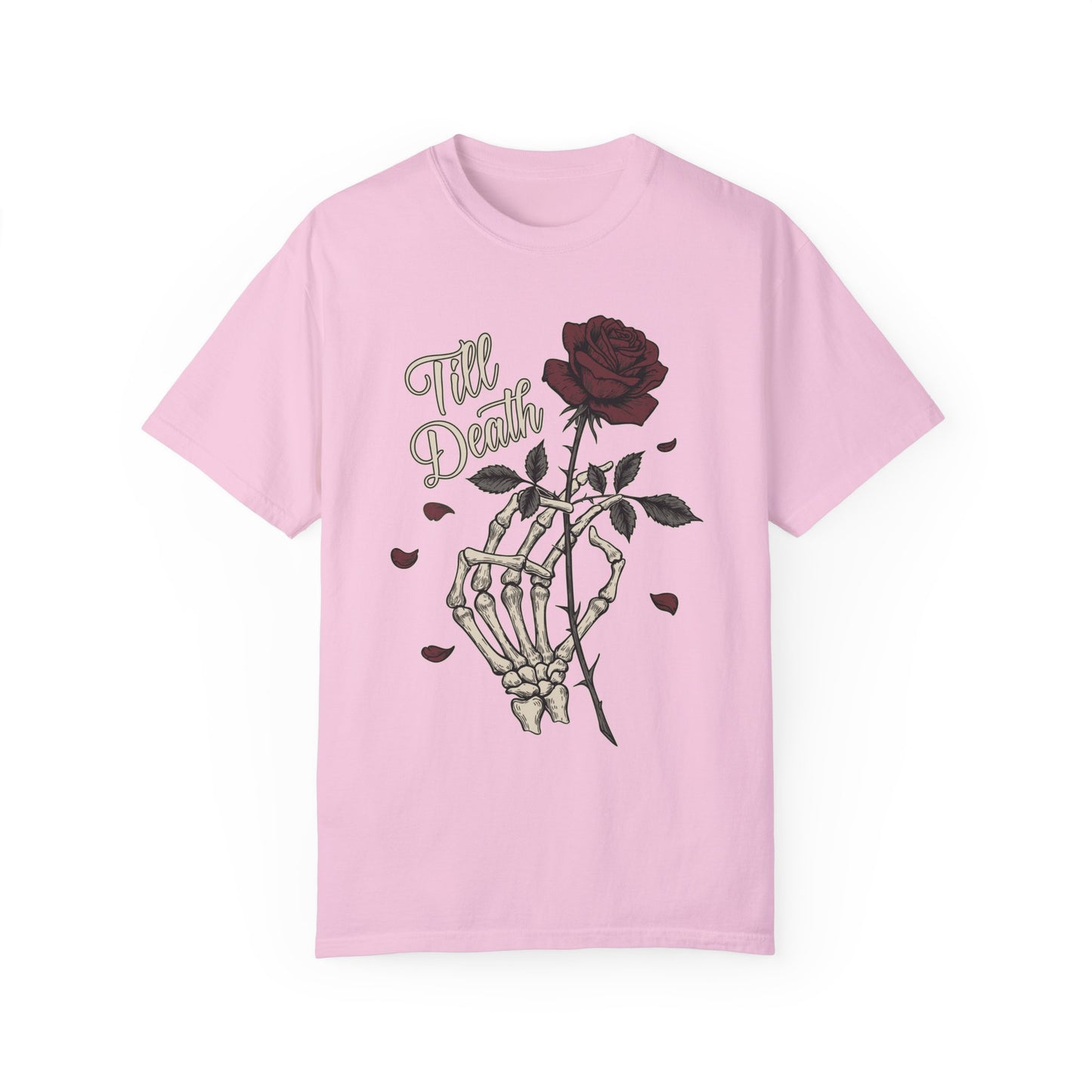 Comfort Colors Skeleton Hand & Rose Gothic T-Shirt, Till Death Scripted Tee, Dark Funny Romantic Tee, Edgy Style Goth Fashion