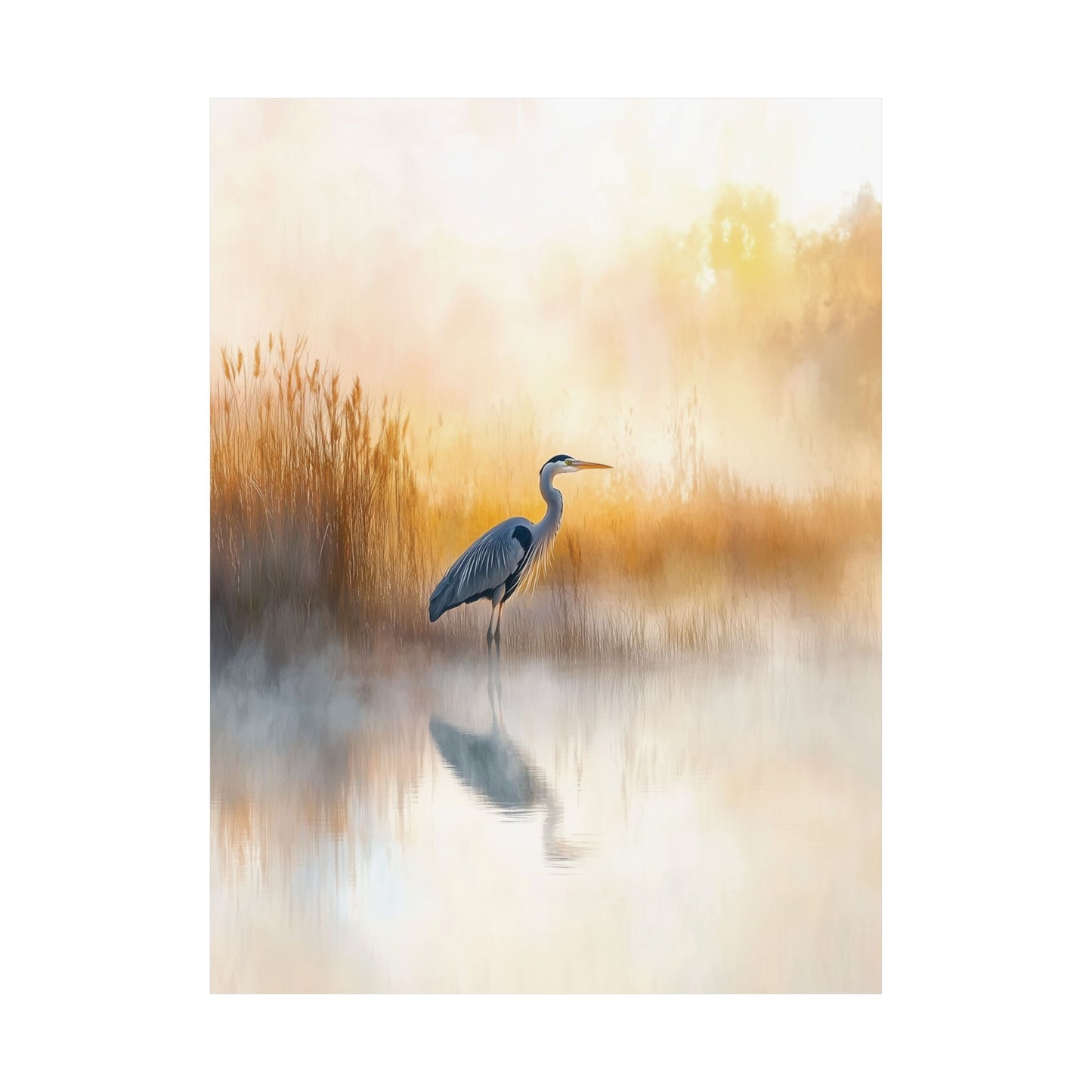 A poster of a Blue Heron standing in a marshy area with a reflection of the bird on the water, framed and placed on a floor with natural lighting.