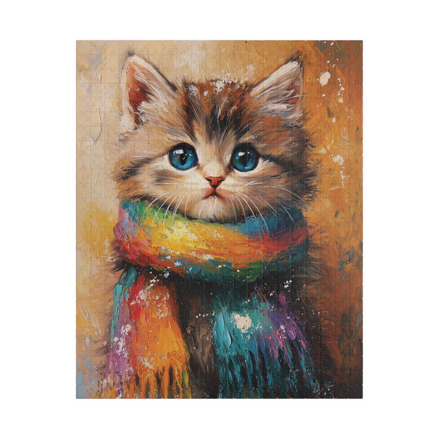 Fluffy Kitten Jigsaw Puzzle, Rainbow Scarf Cat Puzzle, Artistic Painting Style Design, Cat Lover Gift, Impressionistic Art Style