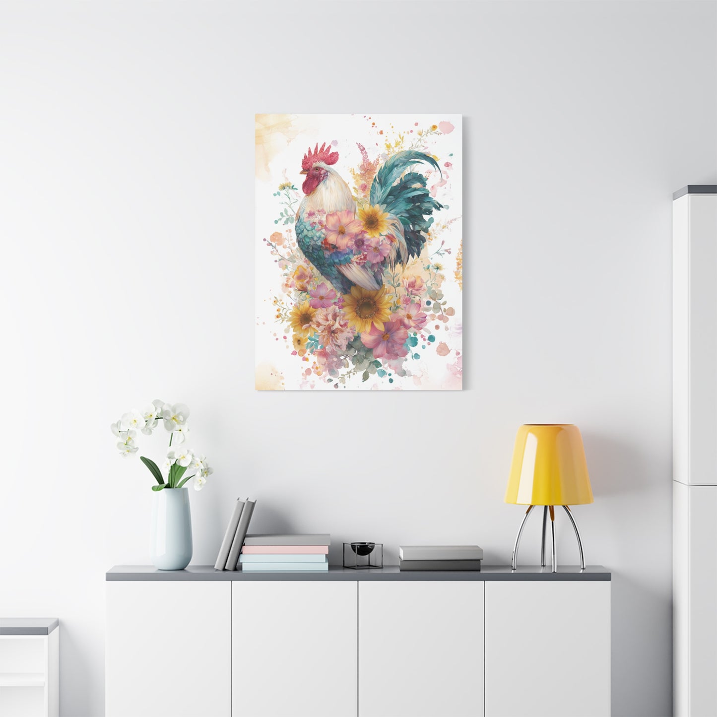 Floral Rooster Design Canvas Print Wall Art, Farmhouse Decor, Watercolor Style, Wildflower Sunflower Painting, Kitchen Livingroom Decor