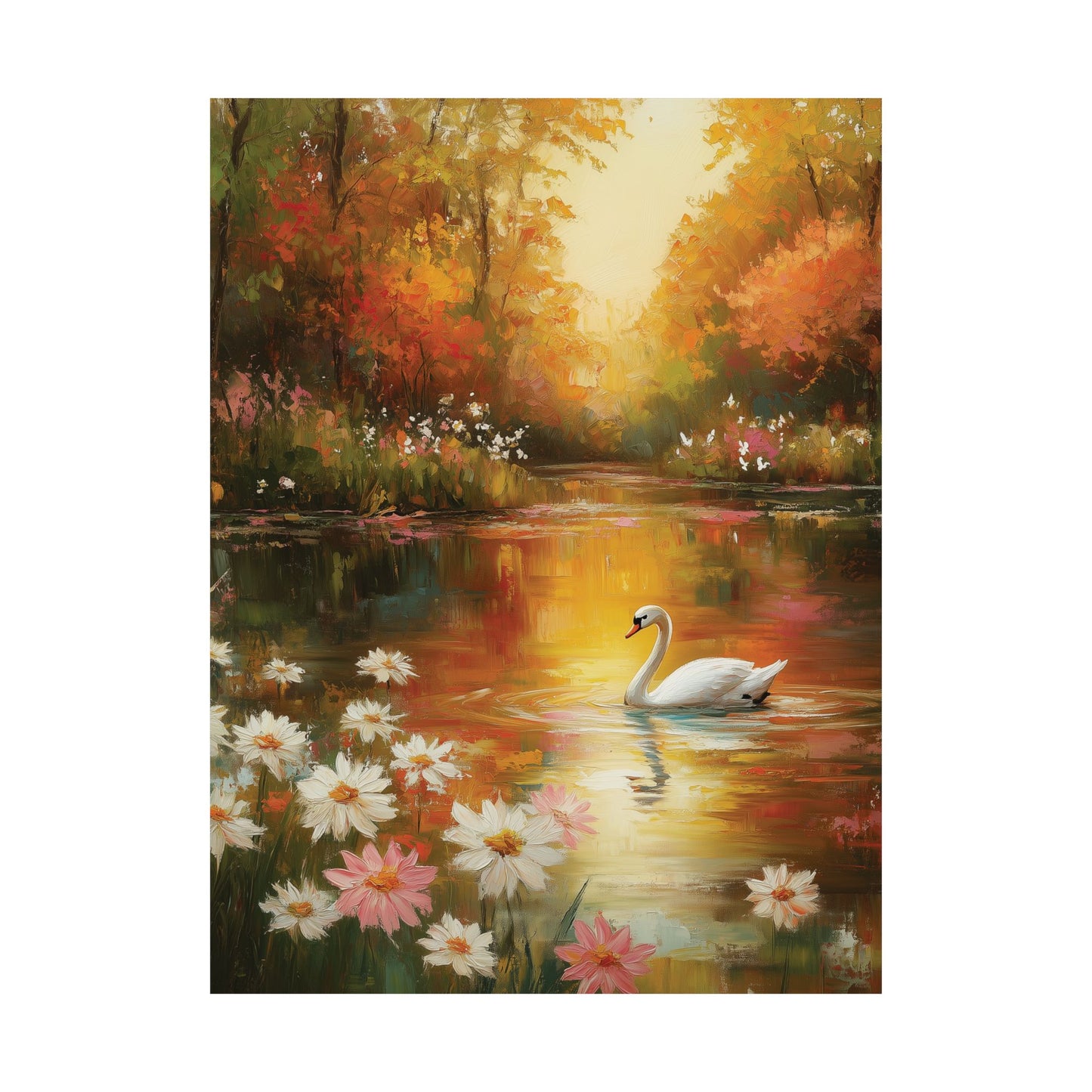 Swan Wall Art, Autumn Lake Painting Print, Romantic Impressionist Forest, Cottagecore Decor, Fall Landscape Canvas, Bird Lover Gift