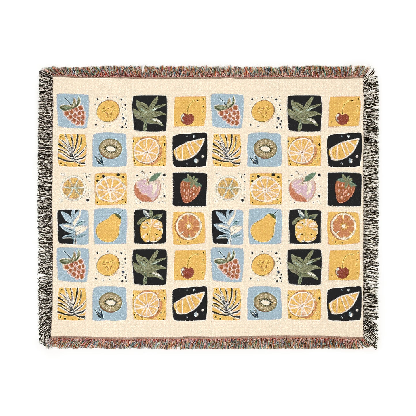 Checkerboard Fruit Graphic Woven Blanket, Picnic Throw Blanket, Cheerful Home Decor, Retro Summer Accent, Hand-Drawn Style Fruity Design