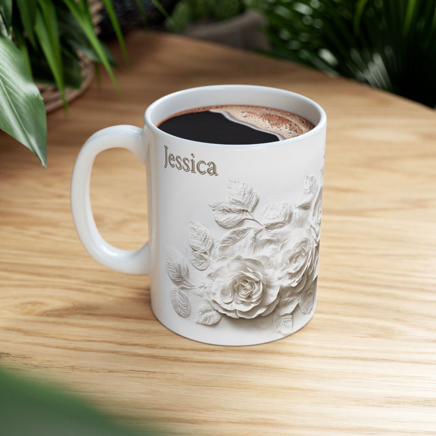 Personalized Elegant Rose Design Mug, Custom Faux Embossed Floral Print Ceramic Mug, Faux 3D Flower Mug, Flower Plaster Style Print Tea Cup