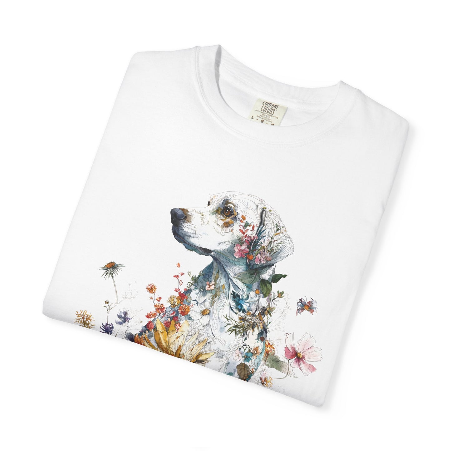 Comfort Colors Dog and Floral Graphic Shirt, Cute Dog Pose Tee, Watercolor Style Art Shirt, Botanical Illustration Top, Floral Garden Shirt
