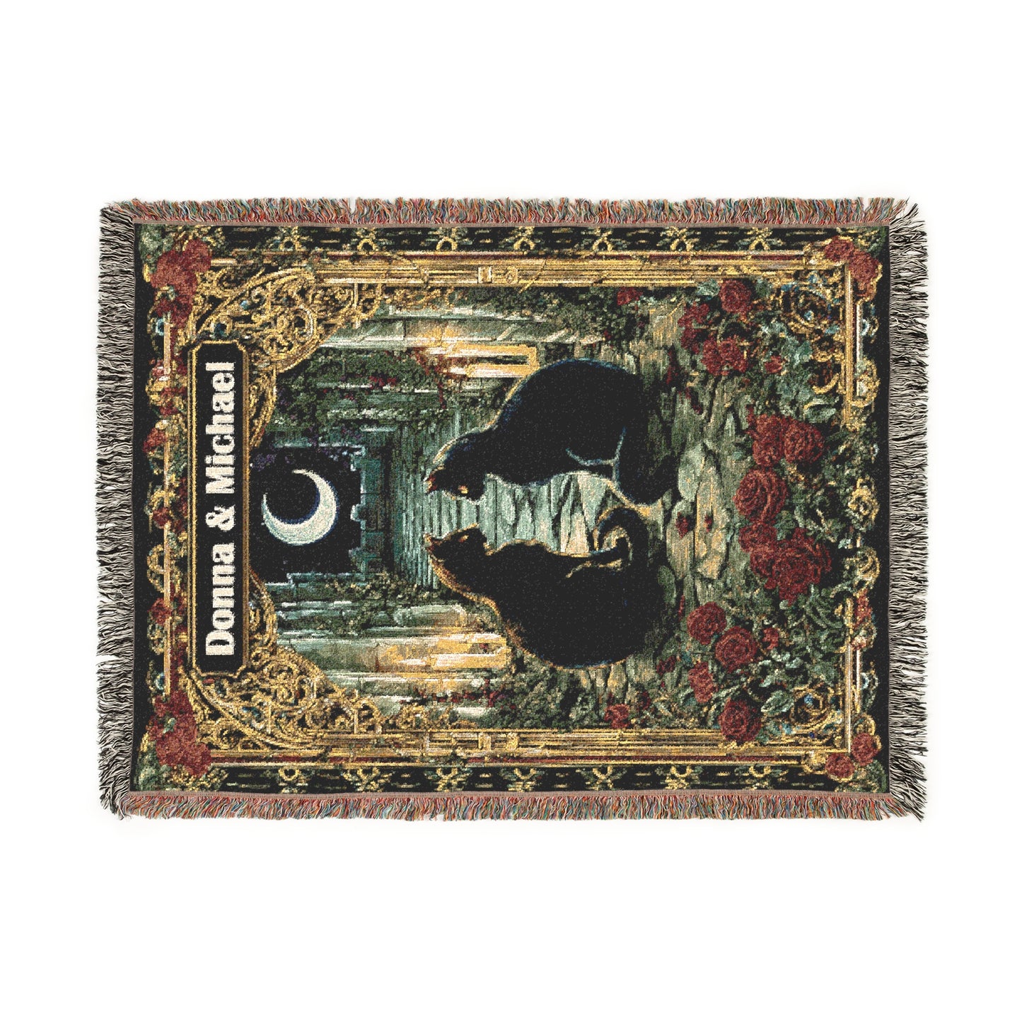 Personalized Black Cat Woven Blanket, Custom Couple Names Tapestry, Gothic Wedding Gift, Romantic Anniversary Throw, Cat Lover Home Decor