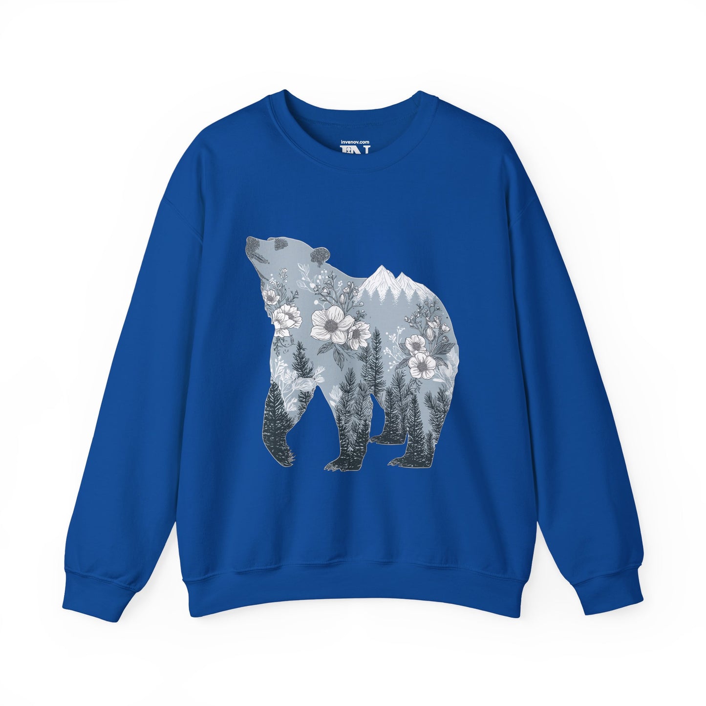 Bear Silhouette Mountain Landscape Crewneck Sweatshirt, Wilderness & Botanical Nature Design, Outdoor Adventure Gift, Winter Hiking Apparel