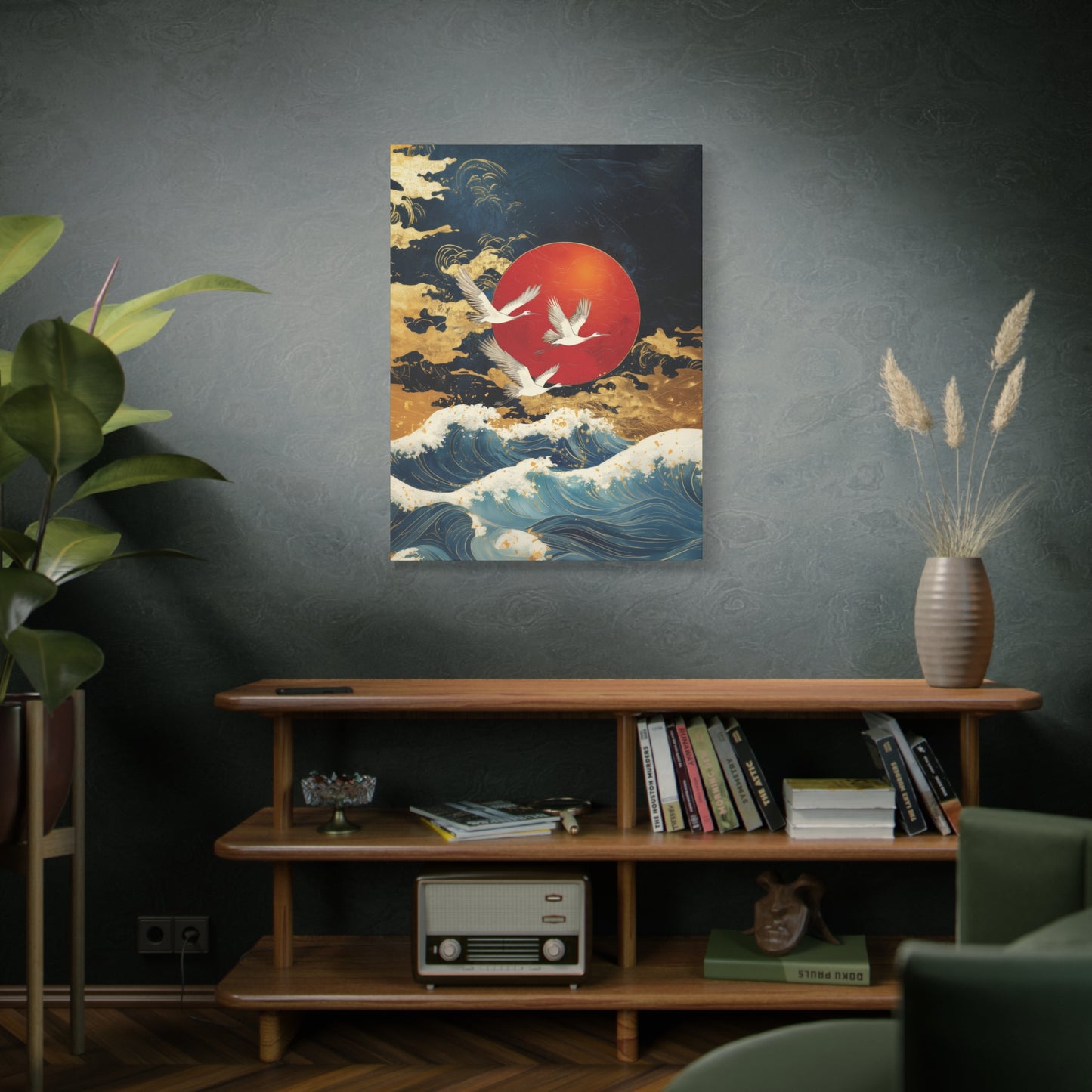 Japanese-Inspired Cranes Artwork Canvas Print, Stretched Matte Canvas, Luxurious Home Decor, Office Wall Art, Home Livingroom Decoration