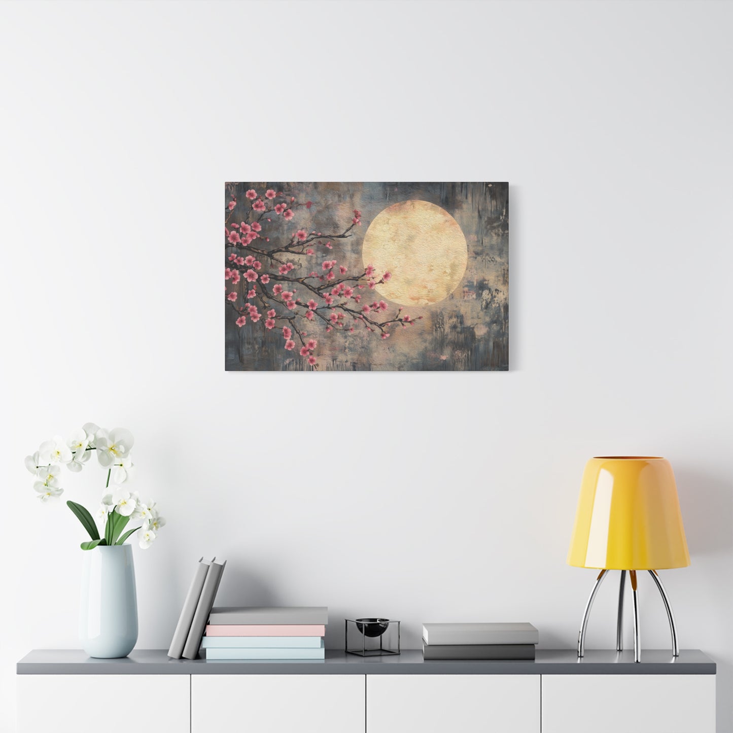 Cherry Blossom Branch Celestial Full Moon Canvas Print, Sakura Flower Wall Art Decor, Japanese Tree Canvas Art, Rustic Home Office Decor