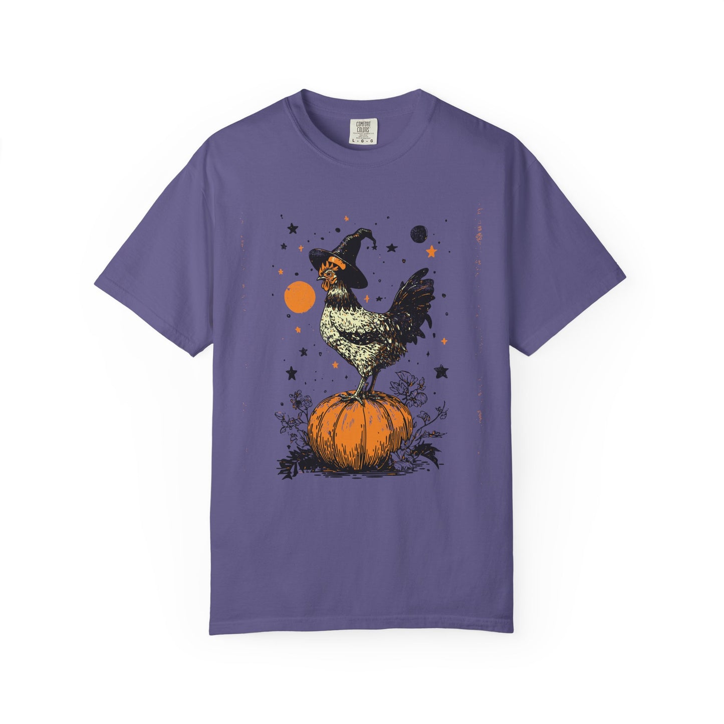 Comfort Colors Farmyard Halloween Chicken Garment-Dyed T-shirt, Spooky Pumpkin Witch Hat Rustic Autumn Tee, Fall Style, Harvest Time Shirt