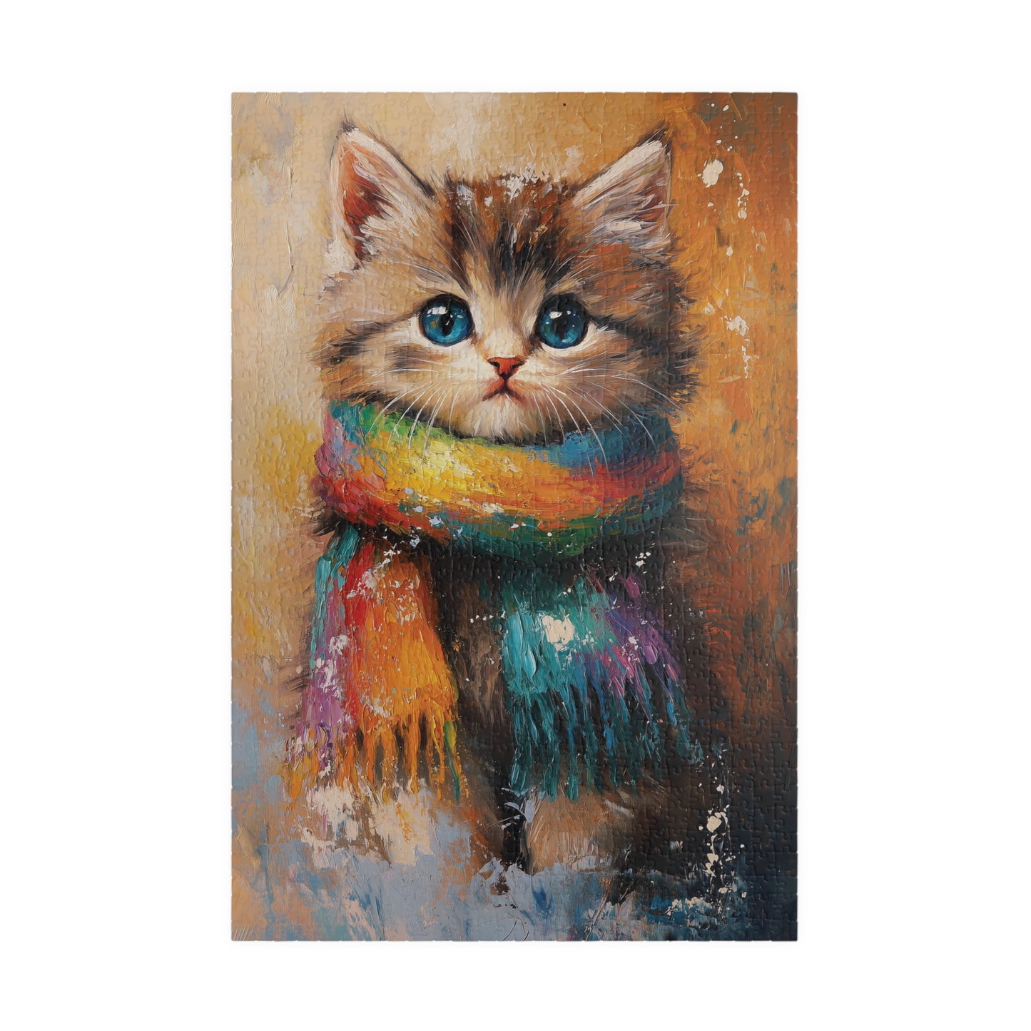Fluffy Kitten Jigsaw Puzzle, Rainbow Scarf Cat Puzzle, Artistic Painting Style Design, Cat Lover Gift, Impressionistic Art Style