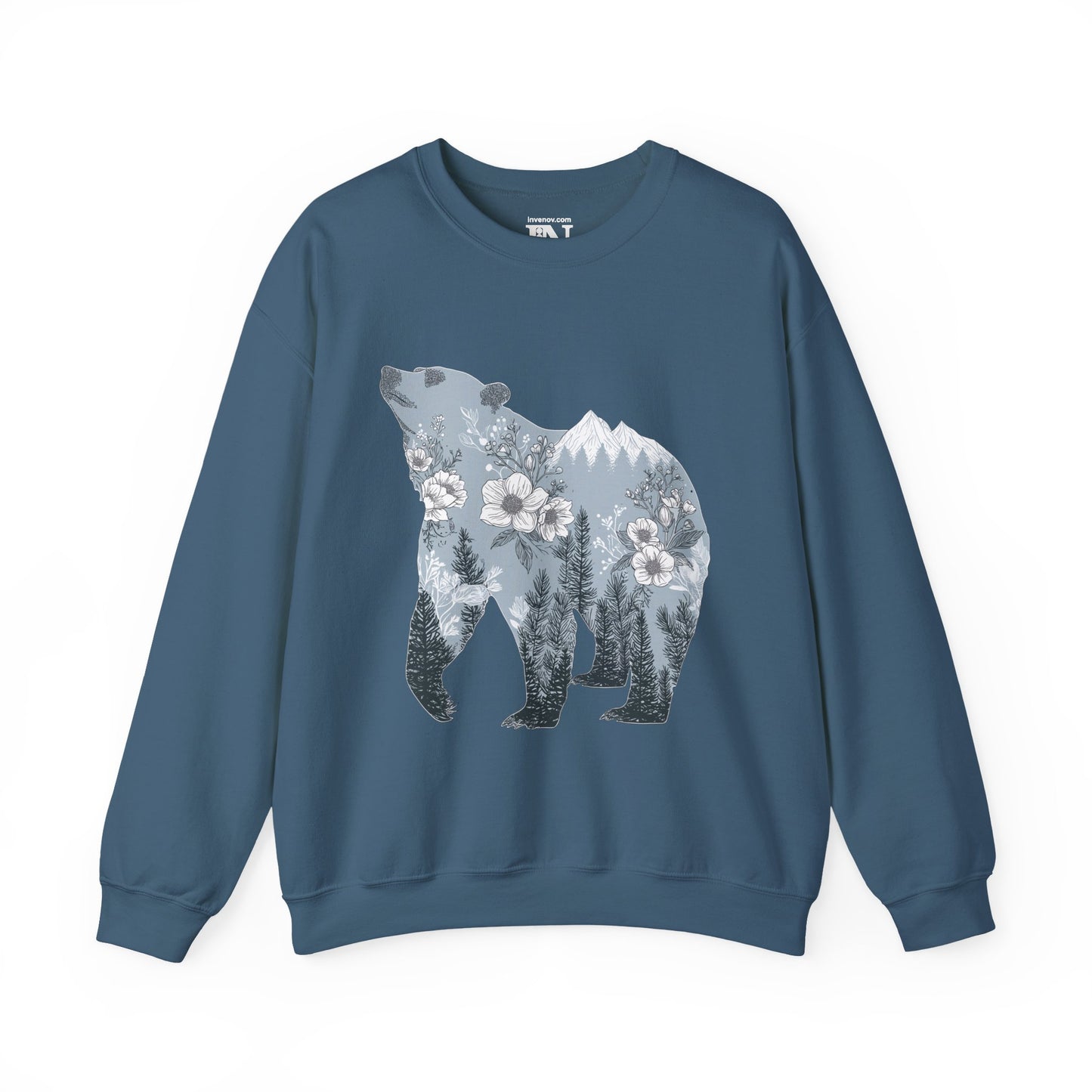 Bear Silhouette Mountain Landscape Crewneck Sweatshirt, Wilderness & Botanical Nature Design, Outdoor Adventure Gift, Winter Hiking Apparel