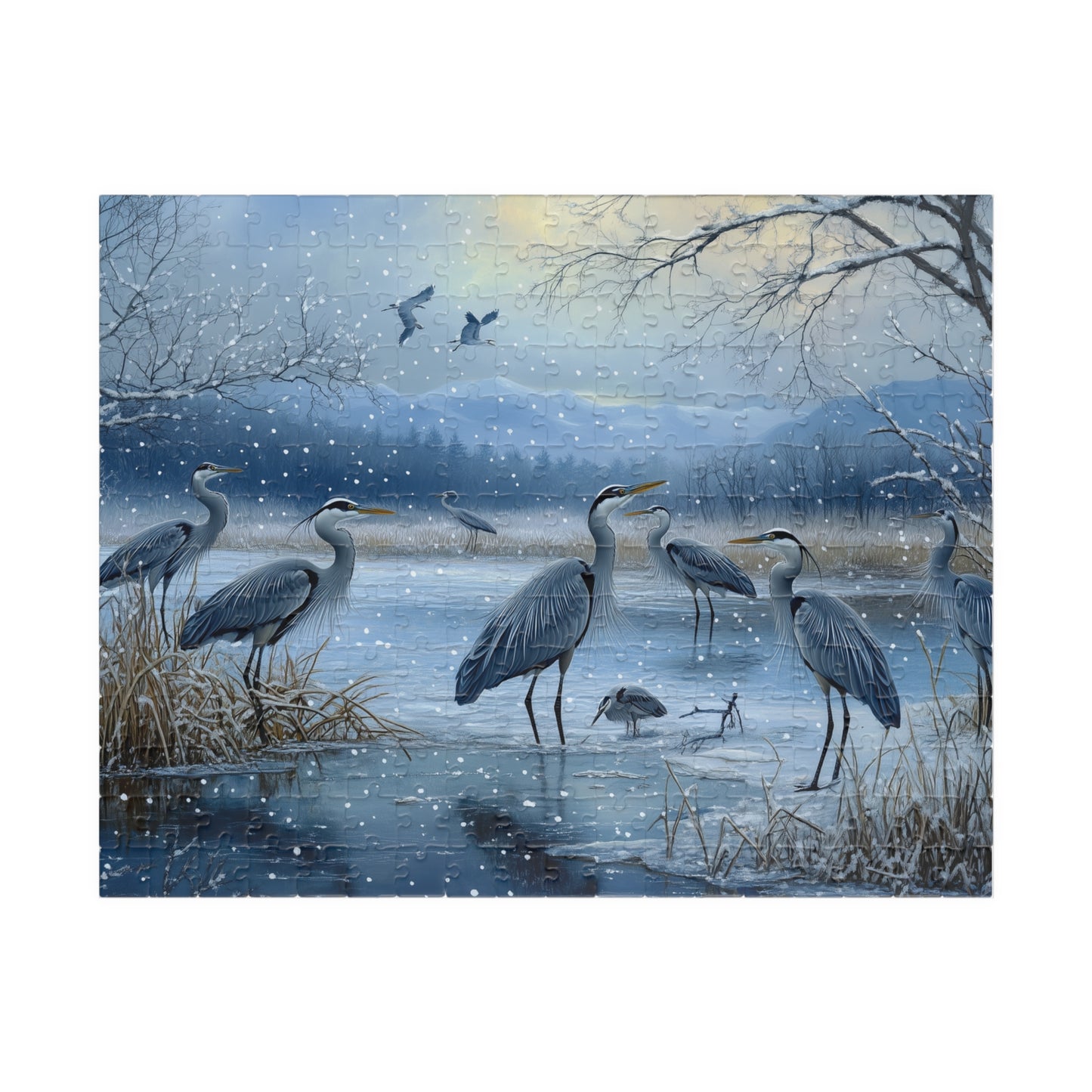 Majestic Blue Herons Winter Scene Jigsaw Puzzle, Beautiful Cranes Puzzle, Nature Lovers Gift, Family Game Fun Activity, Home Decoration