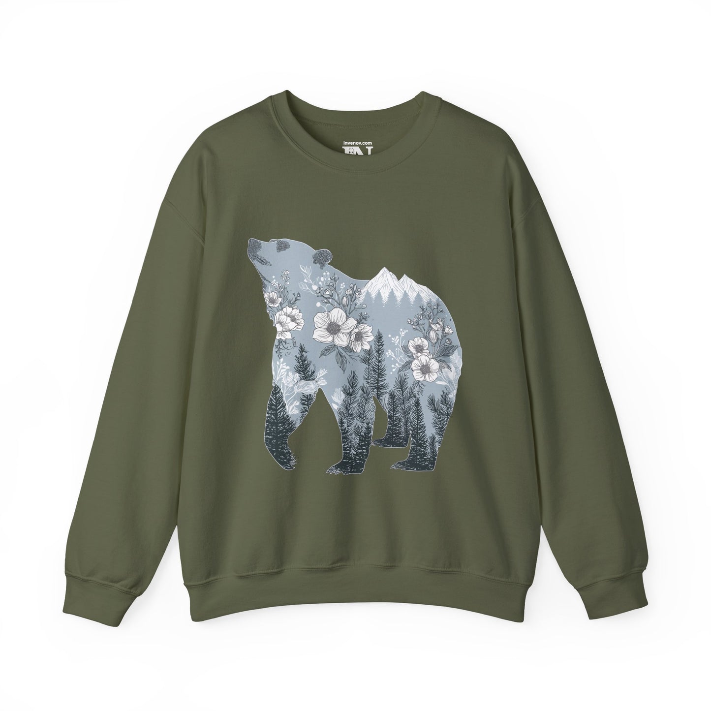 Bear Silhouette Mountain Landscape Crewneck Sweatshirt, Wilderness & Botanical Nature Design, Outdoor Adventure Gift, Winter Hiking Apparel