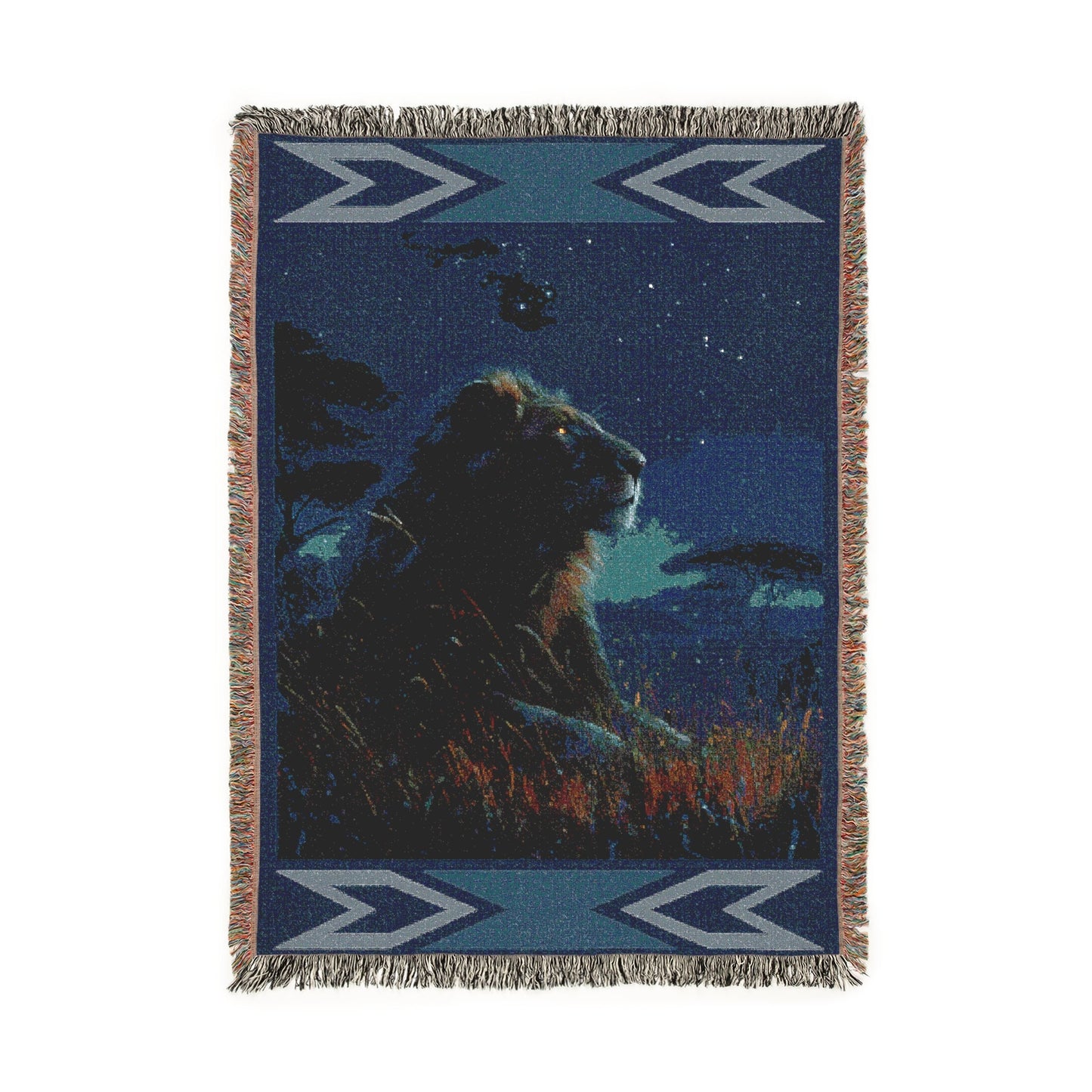 Celestial Safari Lion Woven Blanket, Moonlight Tapestry, Wildlife Lover Gift, Fringed Sofa Bed Wall Art, Africa Safari Night Blanket Throw