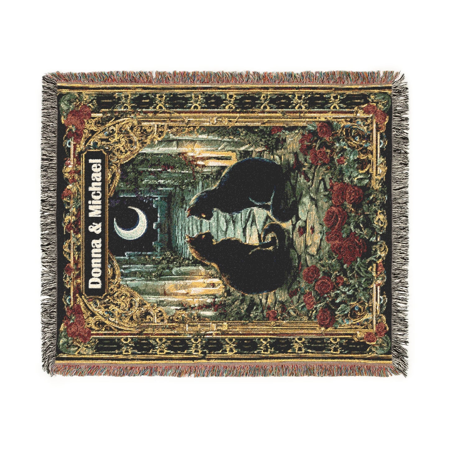 Personalized Black Cat Woven Blanket, Custom Couple Names Tapestry, Gothic Wedding Gift, Romantic Anniversary Throw, Cat Lover Home Decor