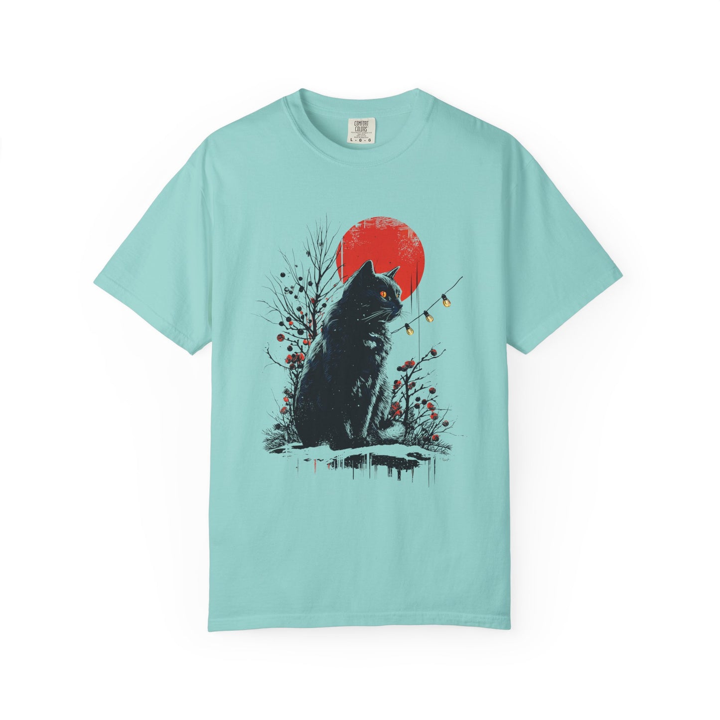 Black Graphic Cat Christmas T-Shirt, Festive Holiday Cat Shirt with Sun & Winter Lights, Xmas Cat Lover Gift Tee
