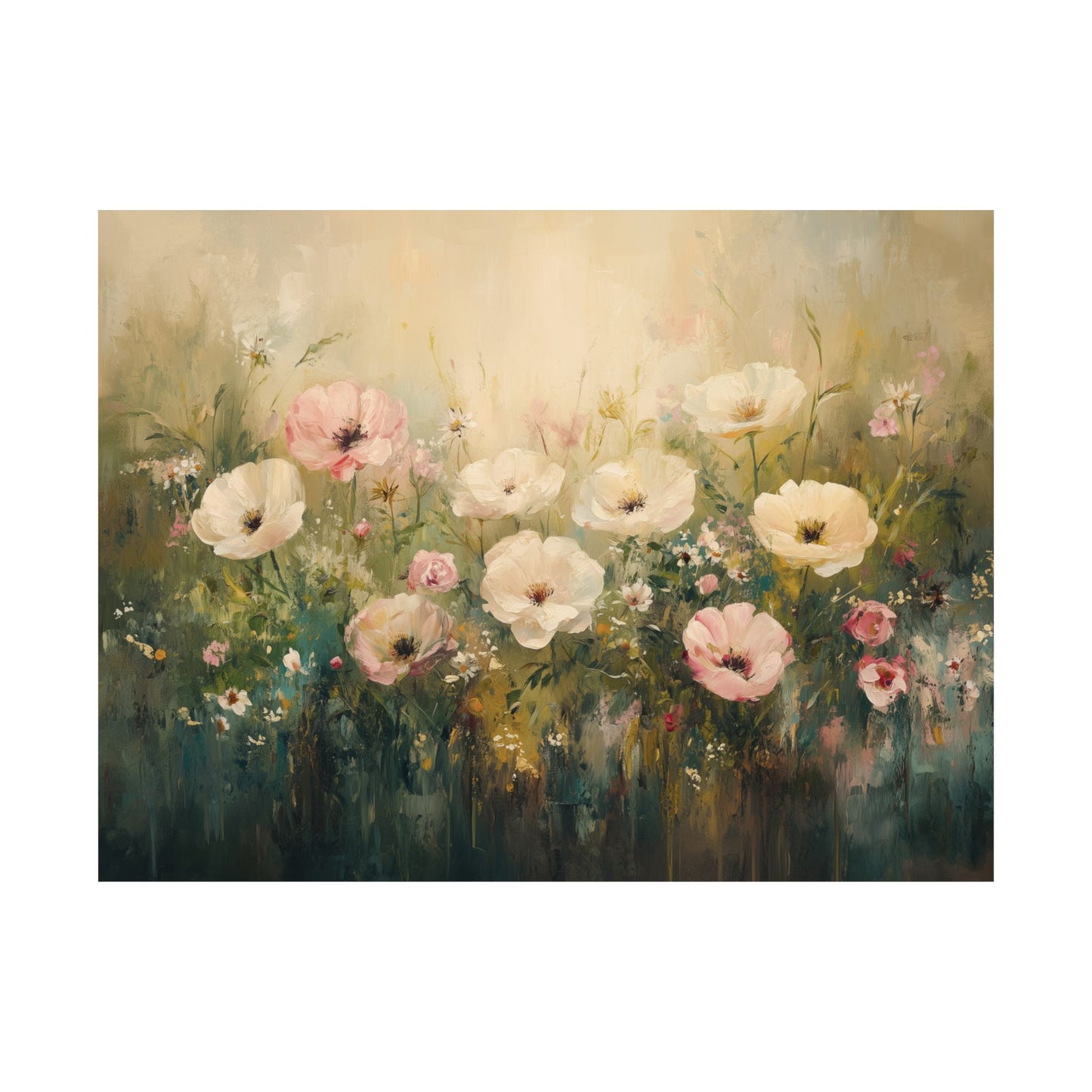 Wildflower Meadow Print, Vintage Floral Wall Art, Cottagecore Decor Poster, Pink Poppy Painting, Botanical Impressionist Art for Bedroom