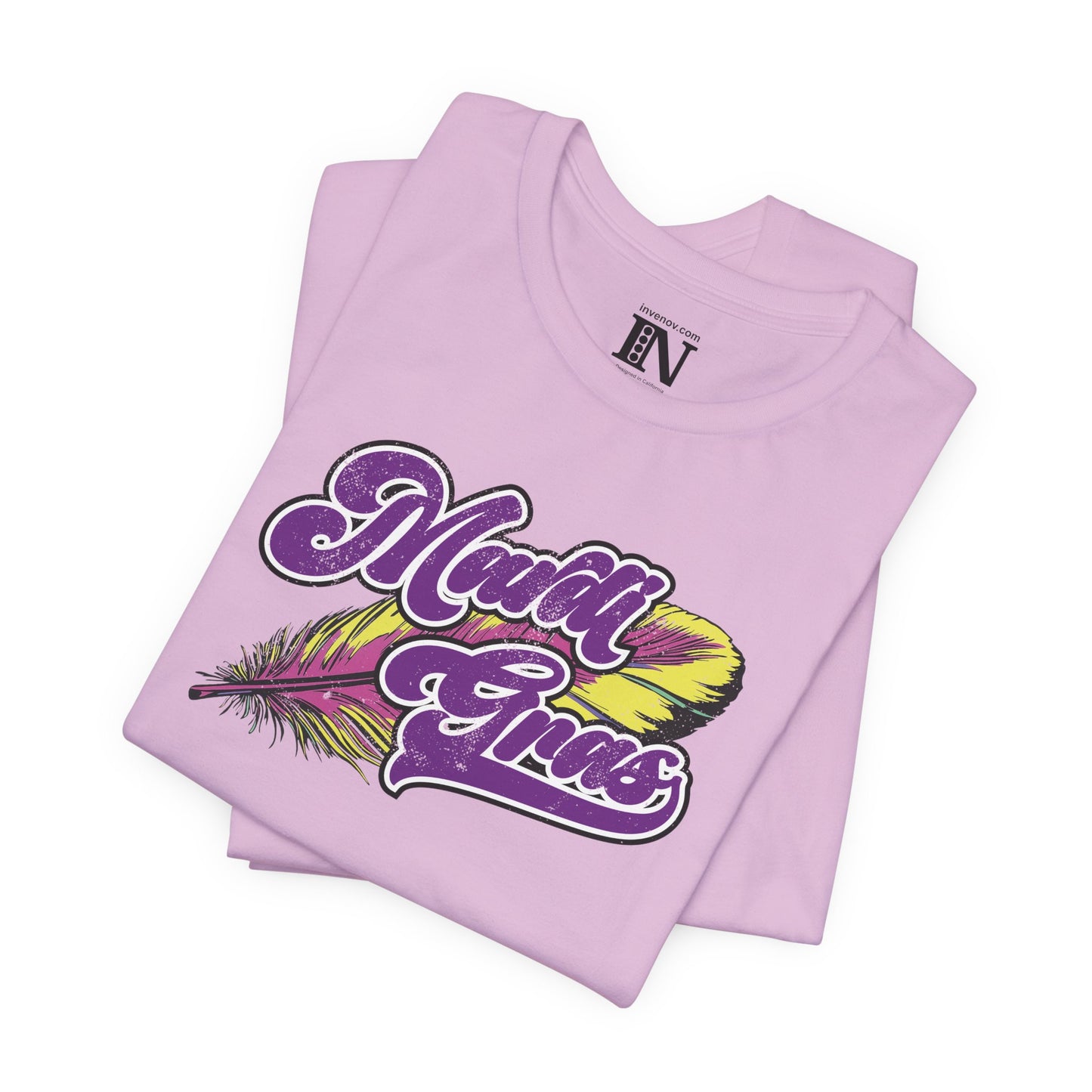 Mardi Gras Jersey Tee, Festival Distressed Shirt, Unisex Party Top, Purple Gold Feathers, Vintage Style Celebration Tshirt, Fun Casual Vibes