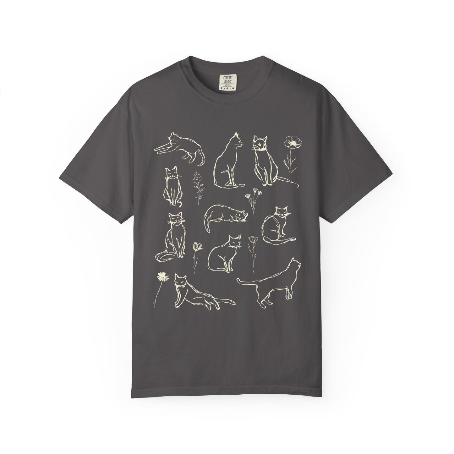 Comfort Colors Cat Poses Line Art T-shirt, Vintage Style Sketch Drawing Cat Shirt, Cat Lover Gift, Floral Cat Tee, Feline Flair Top