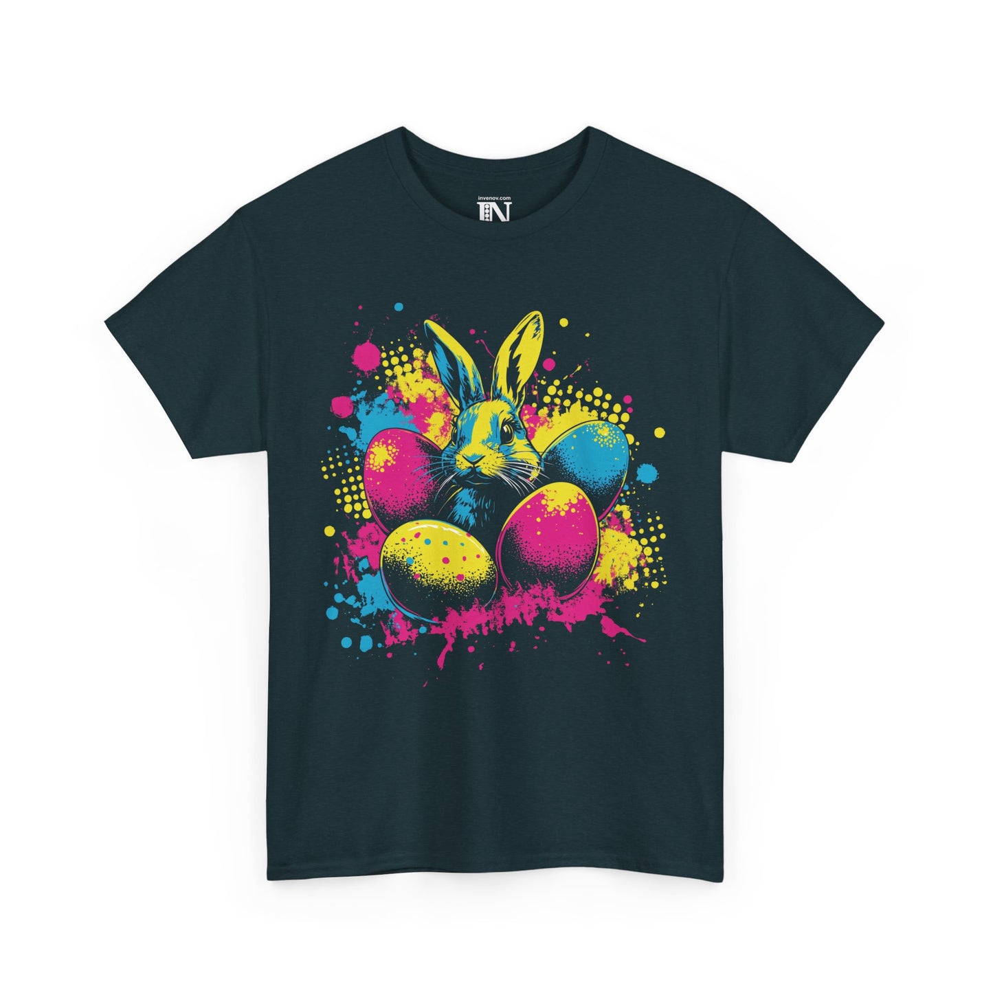 Easter Bunny Pop-Art Tee, Vibrant Graphic T-Shirt for Casual Wear, Neon Easter Rabbit Shirt, Festive Easter Egg Design, Playful Holiday Top