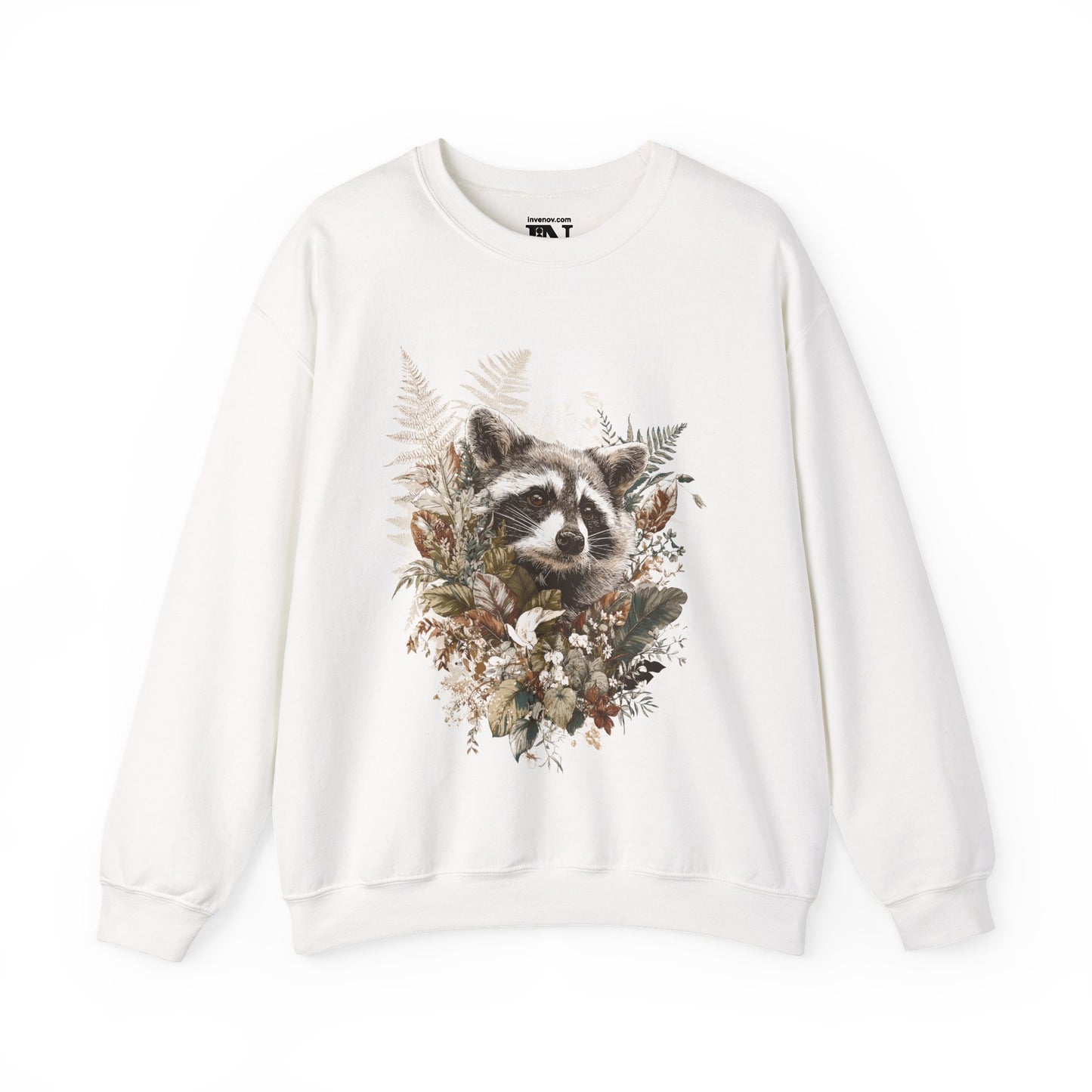 Woodland Raccoon Crewneck Sweatshirt, Floral Graphic Sweater, Nature Lover Gift, Boho Style, Rustic Wildlife Art, Fall Winter Hiking Apparel