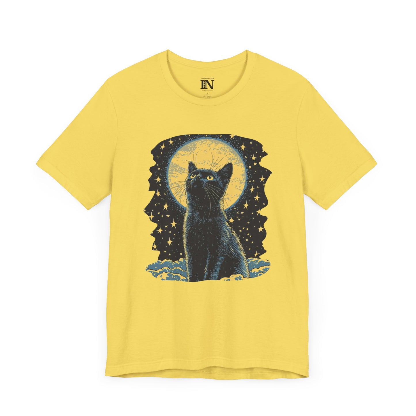 Mystical Cat Graphic T-Shirt, Night Sky Tee, Celestial Moon Cat Shirt, Ethereal Feline Top, Magical Cat Apparel, Cat Lover Shirt