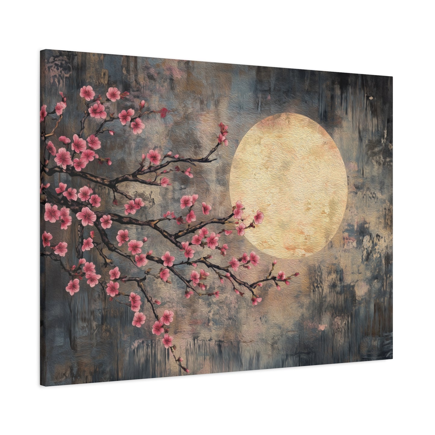 Cherry Blossom Branch Celestial Full Moon Canvas Print, Sakura Flower Wall Art Decor, Japanese Tree Canvas Art, Rustic Home Office Decor