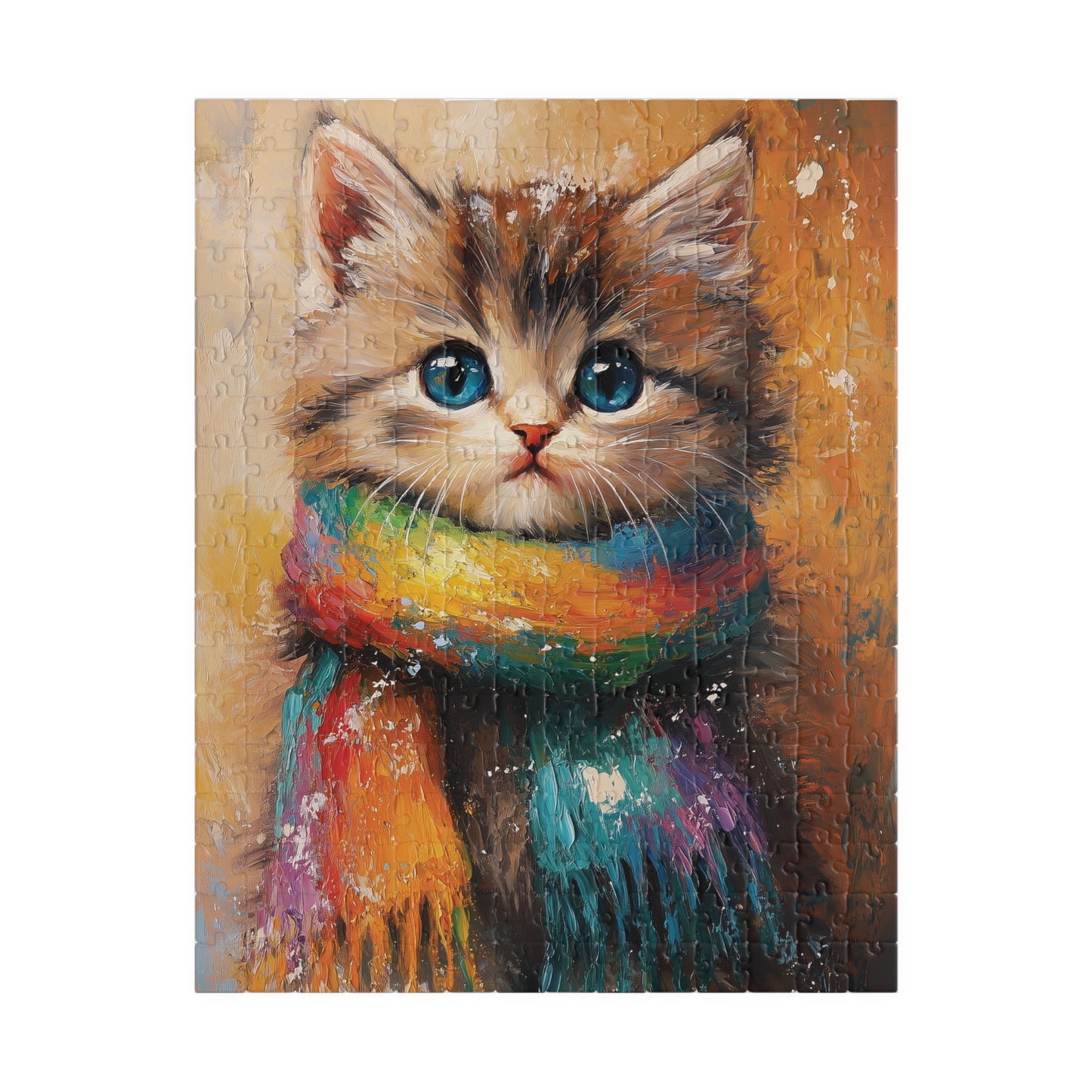 Fluffy Kitten Jigsaw Puzzle, Rainbow Scarf Cat Puzzle, Artistic Painting Style Design, Cat Lover Gift, Impressionistic Art Style