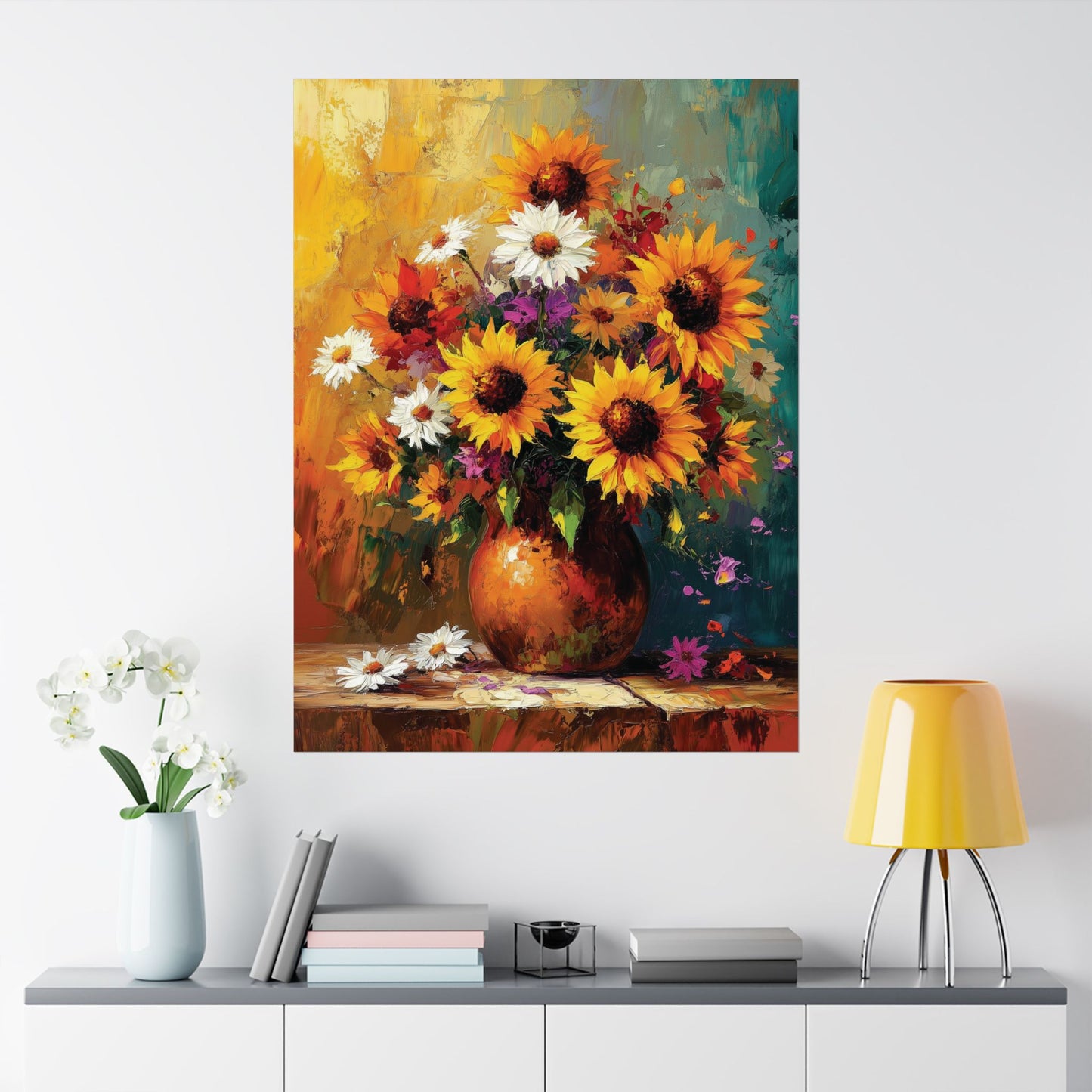 Impressionistic Floral Matte Poster Print, Sunflower Bouquet Painting Print, Home Decor Wall Art Gift, Daisies Sun Flowers Painting Poster