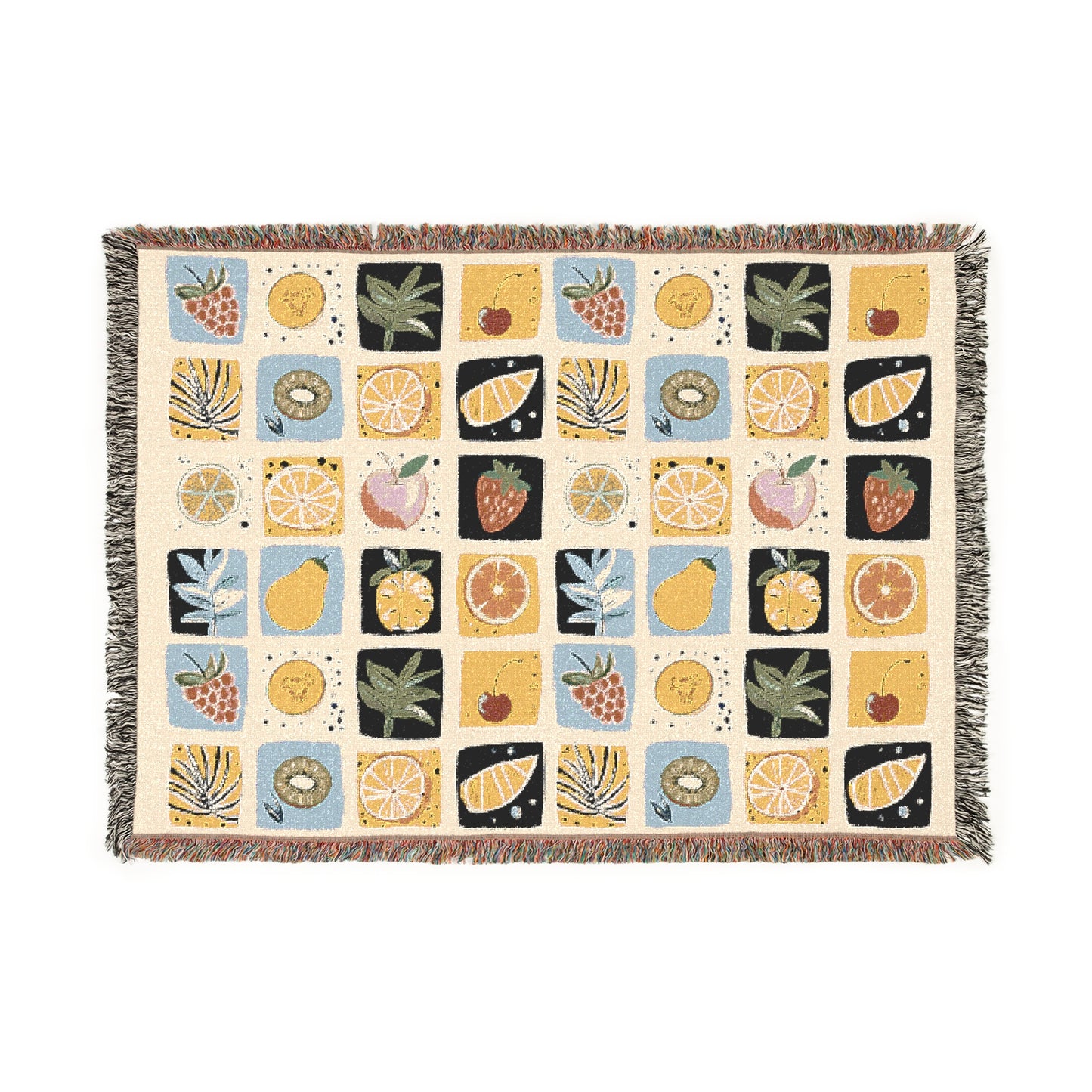 Checkerboard Fruit Graphic Woven Blanket, Picnic Throw Blanket, Cheerful Home Decor, Retro Summer Accent, Hand-Drawn Style Fruity Design