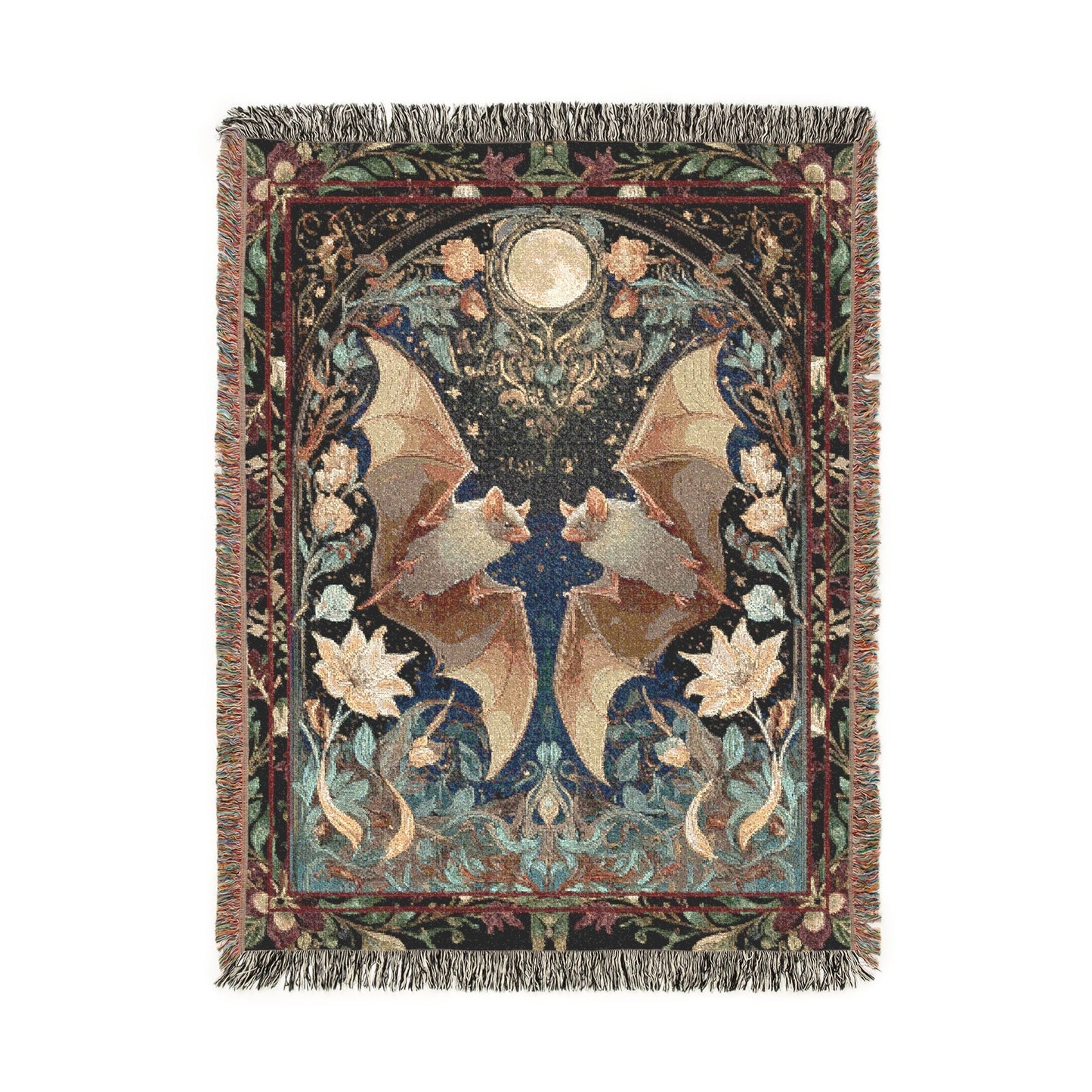 Bat Woven Blanket, Gothic Tapestry, Celestial Wall Hanging, Witchy Moody Botanical Art Jacquard Throw, Dark Academia Whimsigoth Wedding Gift